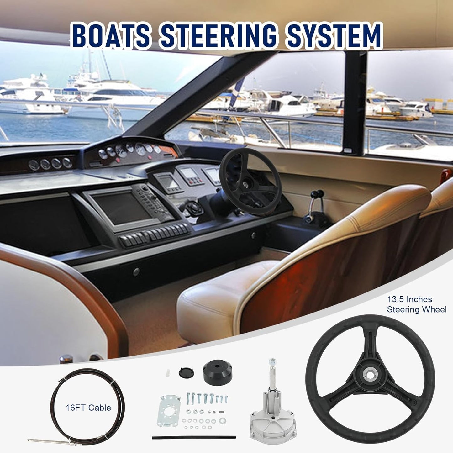 CARMOCAR 16FT Steering Rotary System Boat Kit with 13.5 Inch steering wheel,3/4" Tapered Shaft for Waterborne Vehicles