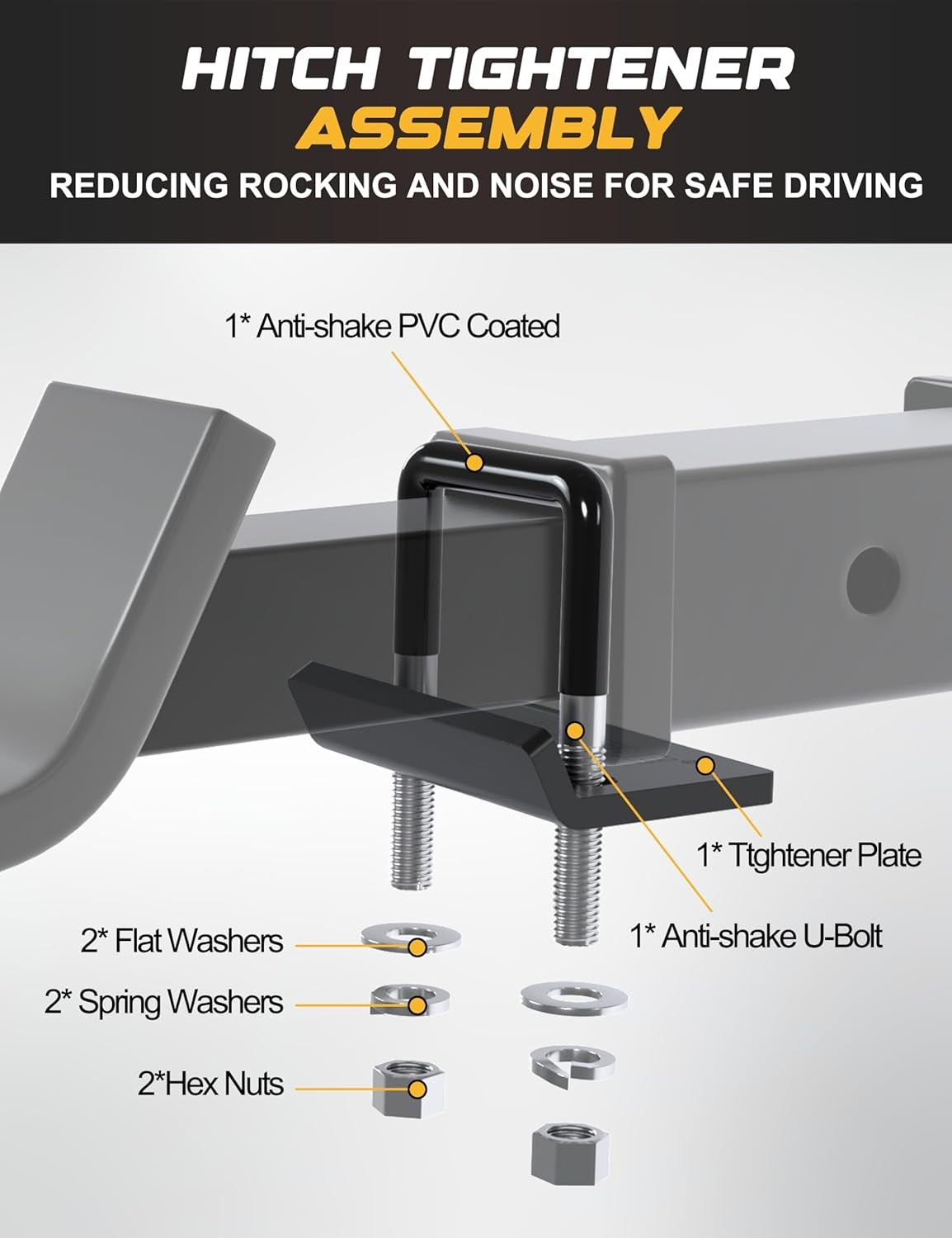 New, Anti Rattle Hitch Tightener 1.25", 2", 2.5", Rubber Coated Hitch Stabilizer for Trailer Accessories, Hitch Clamp Reduce Movement on Hitch Mount Hitch Tray Cargo Carrier Bike Rack,Black