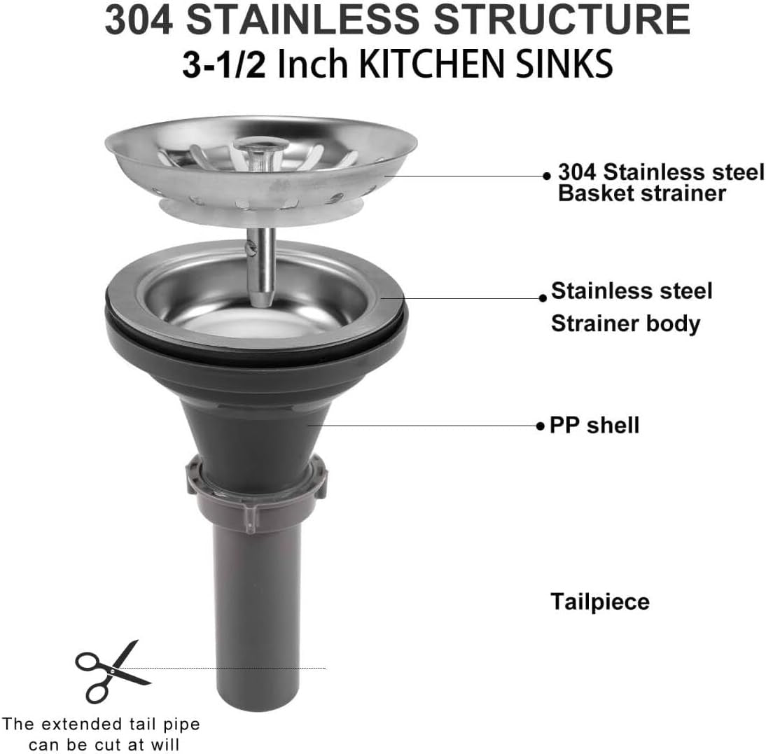 New, 3-1/2''Kitchen Sink Drain Kit Sink Drain Basket Sink Drain Assembly 304 Stainless Steel Sink Strainer Basket Stopper for Home Standard Kitchen Sinks （Tailpiece Included）