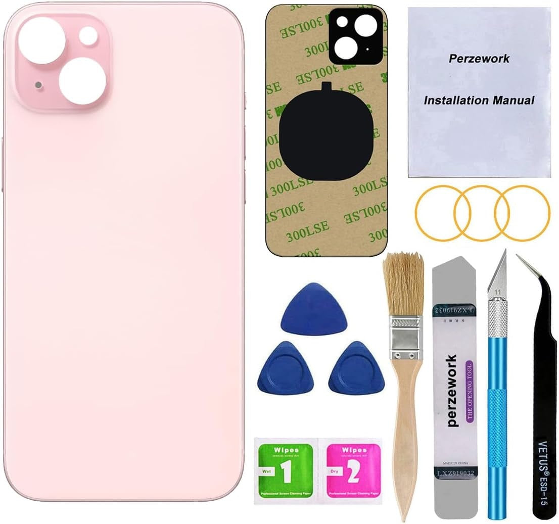 New, OEM Back Glass Replacement for iPhone 15 6.1-inches with Reparing Tool Kit (Pink)