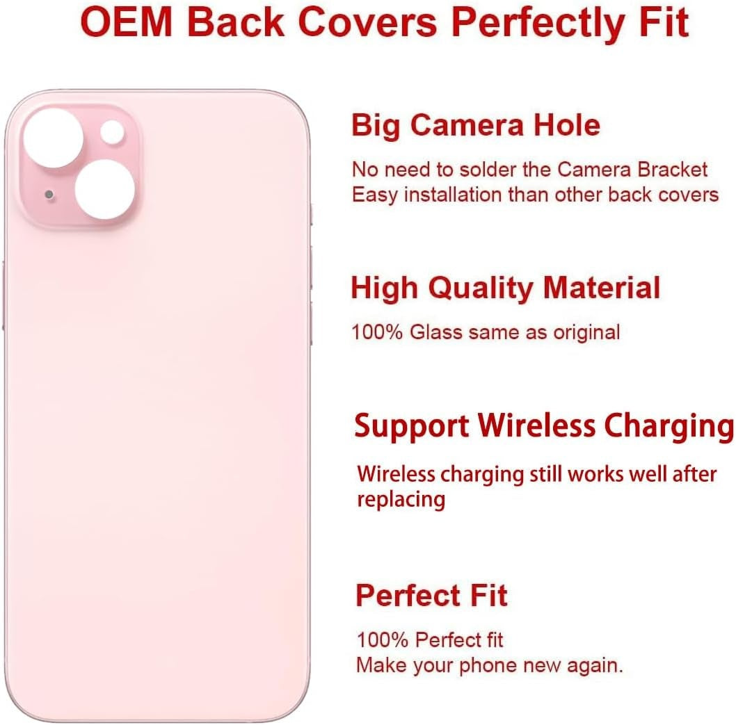 New, OEM Back Glass Replacement for iPhone 15 6.1-inches with Reparing Tool Kit (Pink)