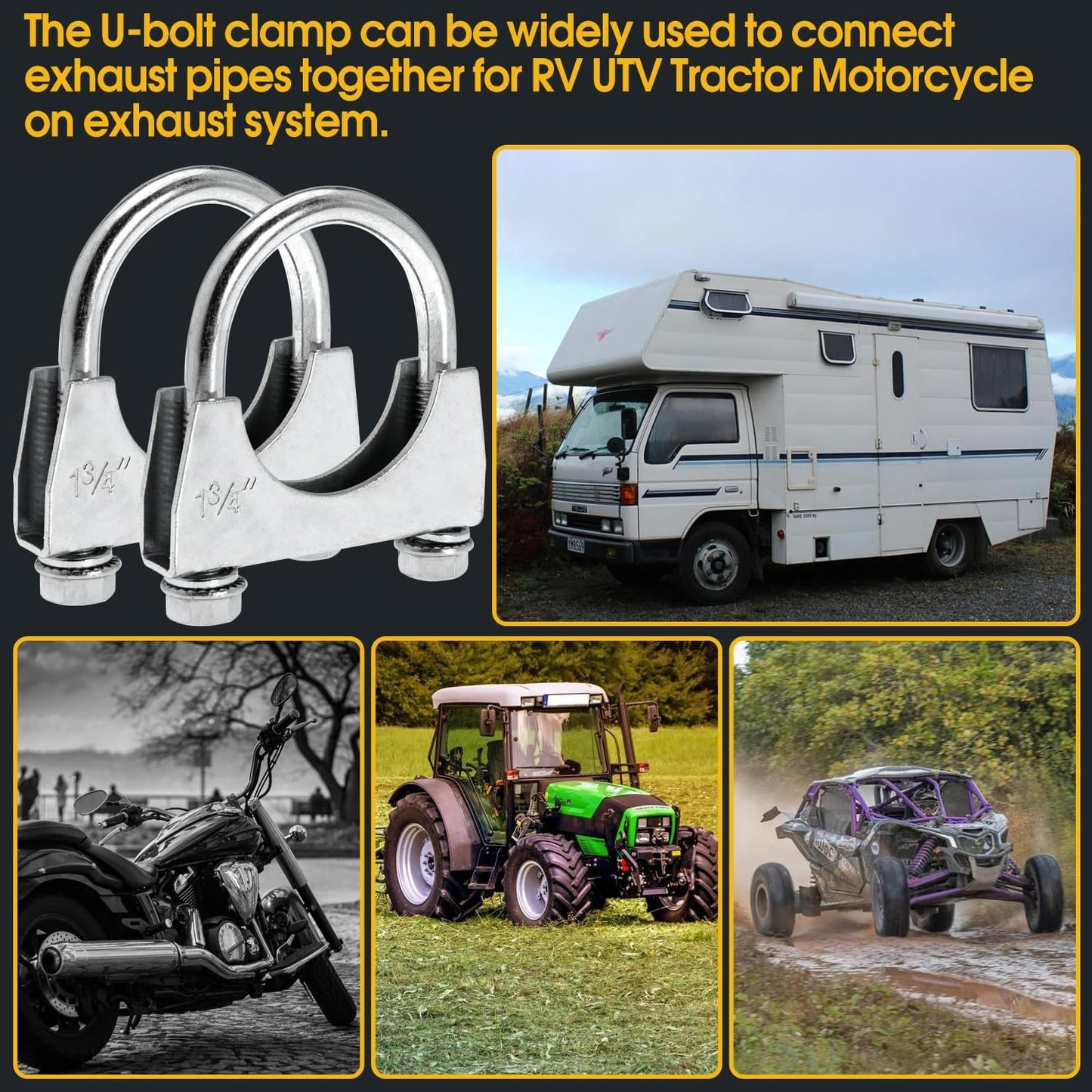 New, 1-3/4" U Bolt Clamp - 1.75 Inch U-Bolt Muffler Clamp for Exhaust System - RV UTV Tractor Motorcycle Replacement Clip