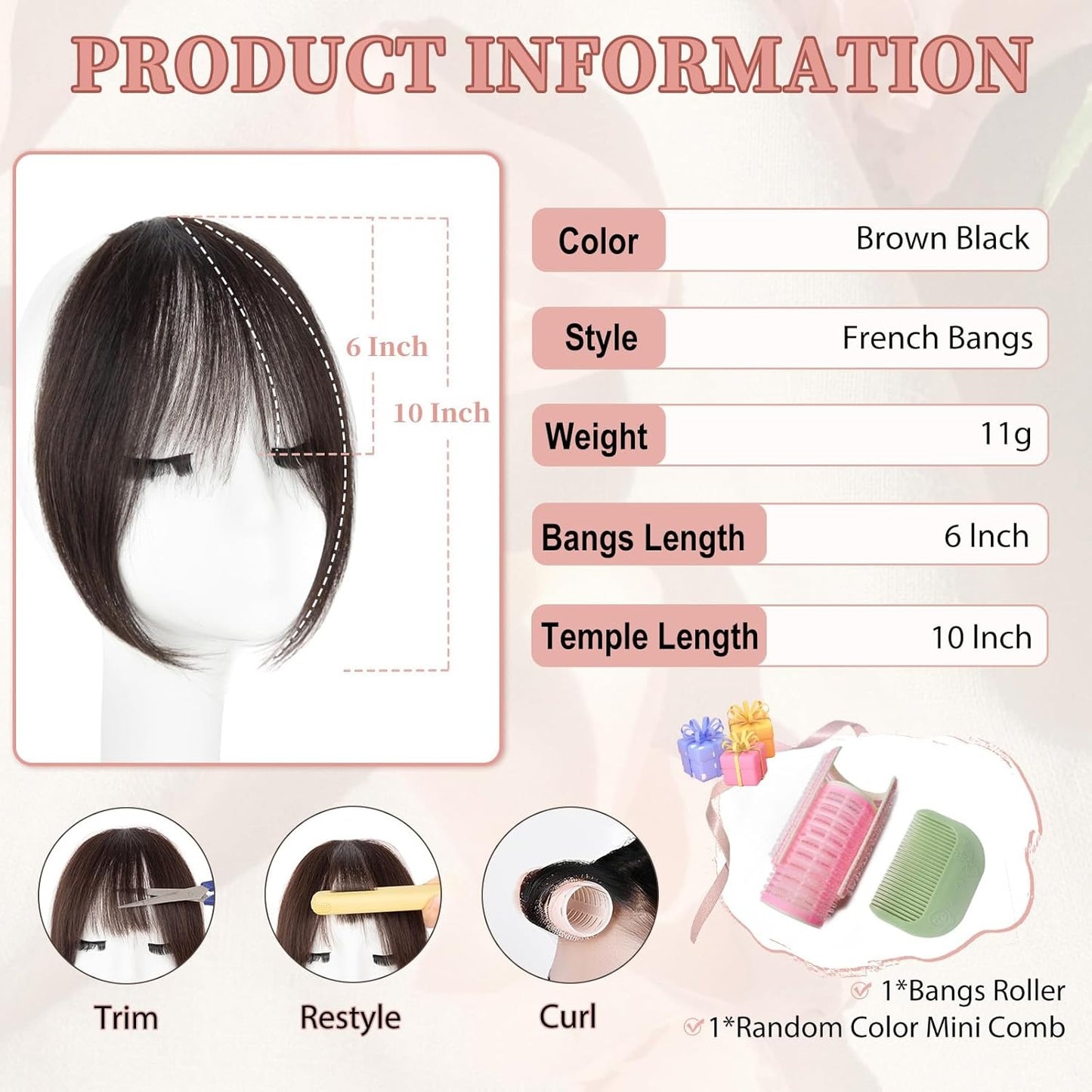 New, Bangs Hair Clip - Brown Black Clip in Bangs Real Human Hair, Fake Bangs Clip on Bangs for Women Fringe with Temples French Bangs Hair Extensions for Daily Wear
