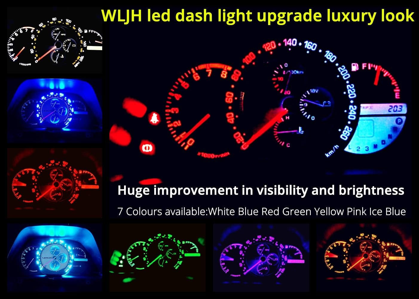 New, WLJH Extremely Bright Ice Blue Dash Instrument Cluster Panel Gauge Bulbs + Climate Control Lights + Clock Light Led Kits for Lexus IS300 2001-2005, Pack of 12