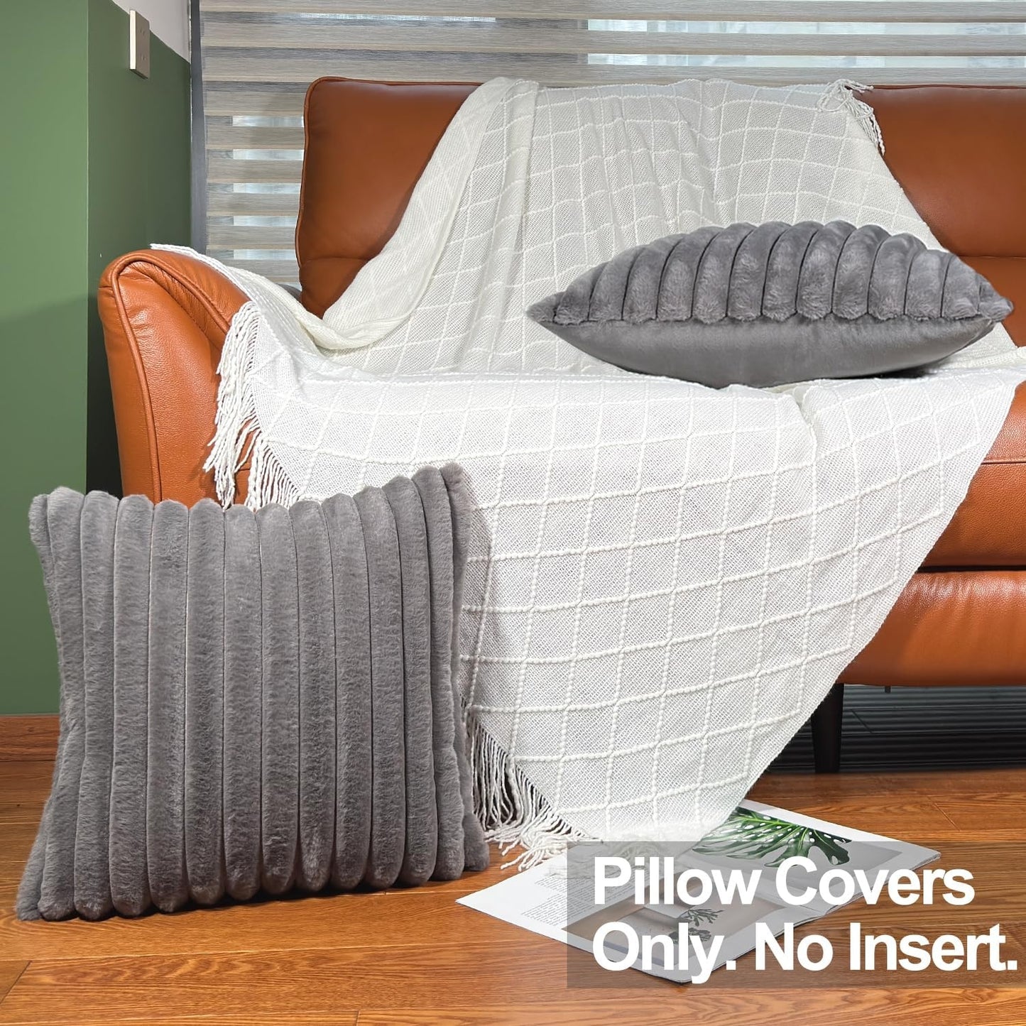 New, 18x18 Throw Pillow Covers Set of 2, Decorative Faux Fur Covers for Bed, Couch Soft Fluffy Pillow Cover with Velvet Back for Living Room, Neutral Home Décor Accent for Sofa - Dark Gray