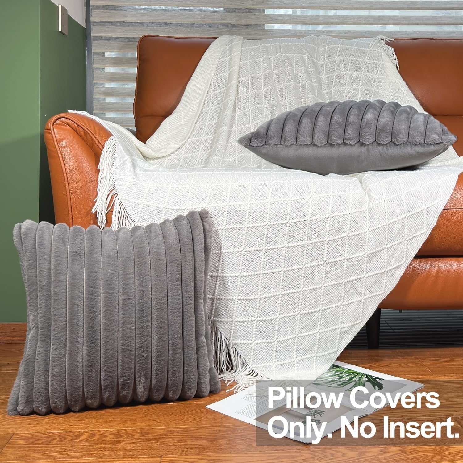 New, 18x18 Throw Pillow Covers Set of 2, Decorative Faux Fur Covers for Bed, Couch Soft Fluffy Pillow Cover with Velvet Back for Living Room, Neutral Home Décor Accent for Sofa - Dark Gray