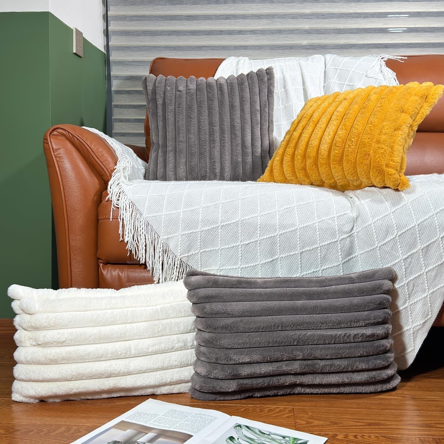 New, 18x18 Throw Pillow Covers Set of 2, Decorative Faux Fur Covers for Bed, Couch Soft Fluffy Pillow Cover with Velvet Back for Living Room, Neutral Home Décor Accent for Sofa - Dark Gray