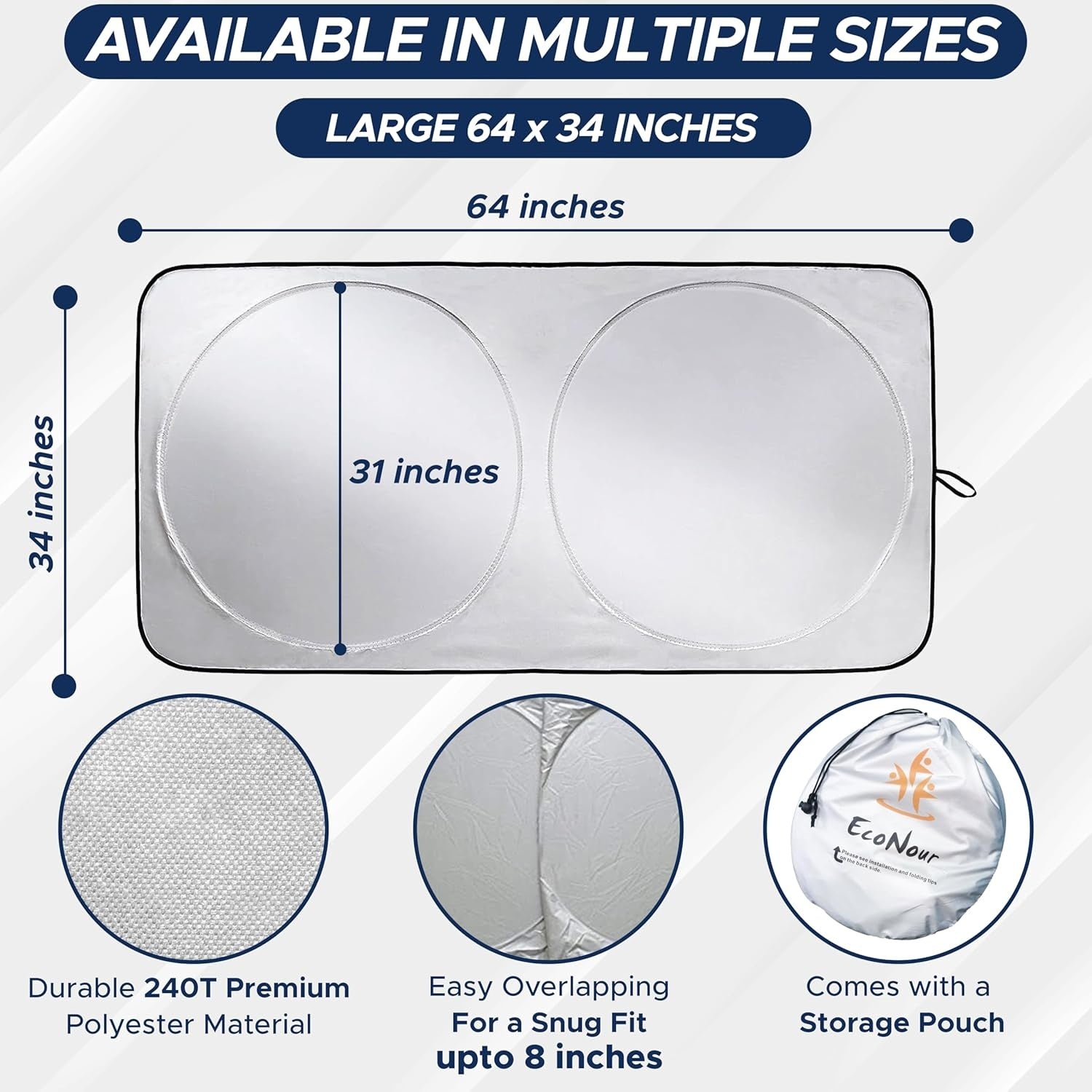 New, EcoNour Car Front Windshield Sun Shade for Car | SUV Accessories for Maximum Sun and Heat Protection | UV-Blocking Windshield Dash Cover & Sun Visor for Cooler Interior | Large (64 x 34 Inches)