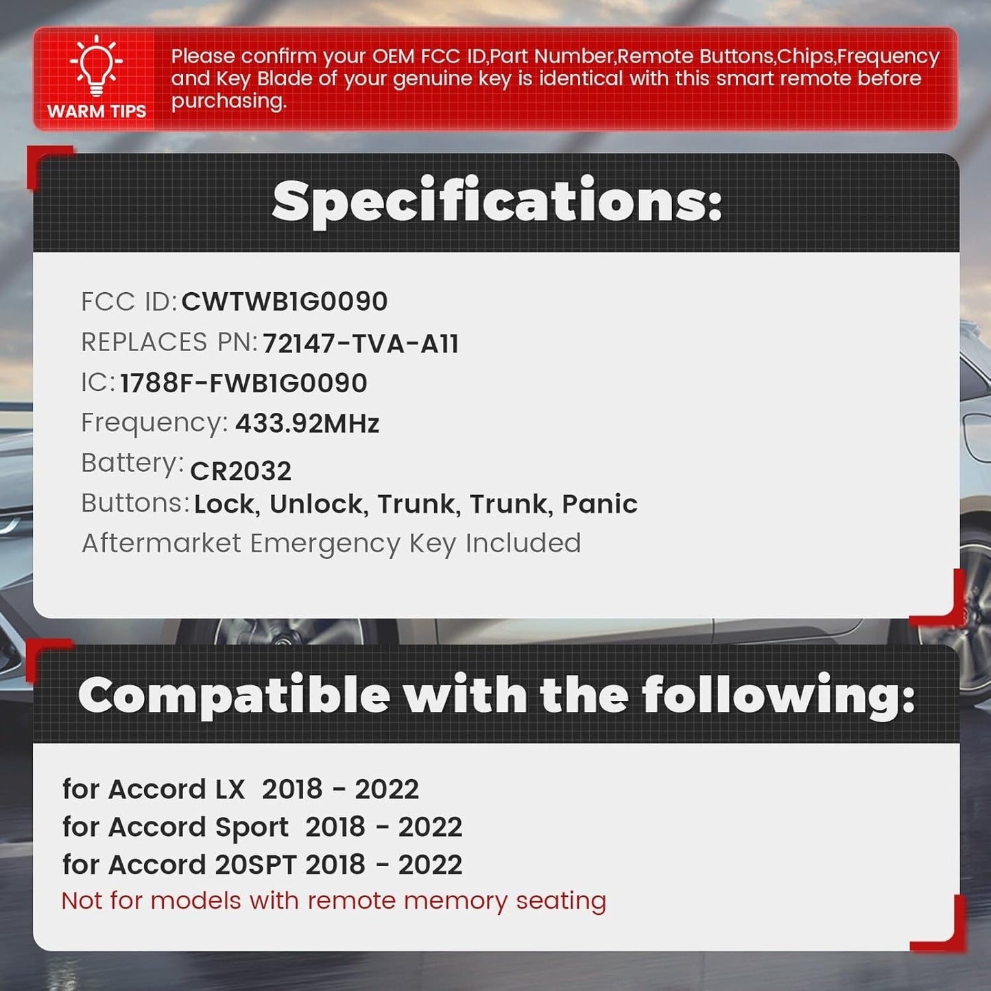 New, Beefunny Replacement Remote Keyless Entry Key Fob for Honda Accord LX Sport 20SPT 2018 2019 2020 2021 2022 FCC ID:CWTWB1G0090 PN: 72147-TVA-A11 4Buttons 433.92MHz FSK 4A Chip (with chip)