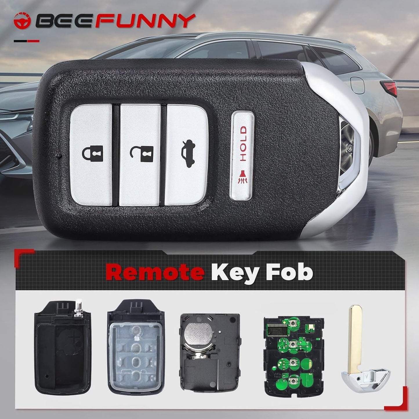 New, Beefunny Replacement Remote Keyless Entry Key Fob for Honda Accord LX Sport 20SPT 2018 2019 2020 2021 2022 FCC ID:CWTWB1G0090 PN: 72147-TVA-A11 4Buttons 433.92MHz FSK 4A Chip (with chip)