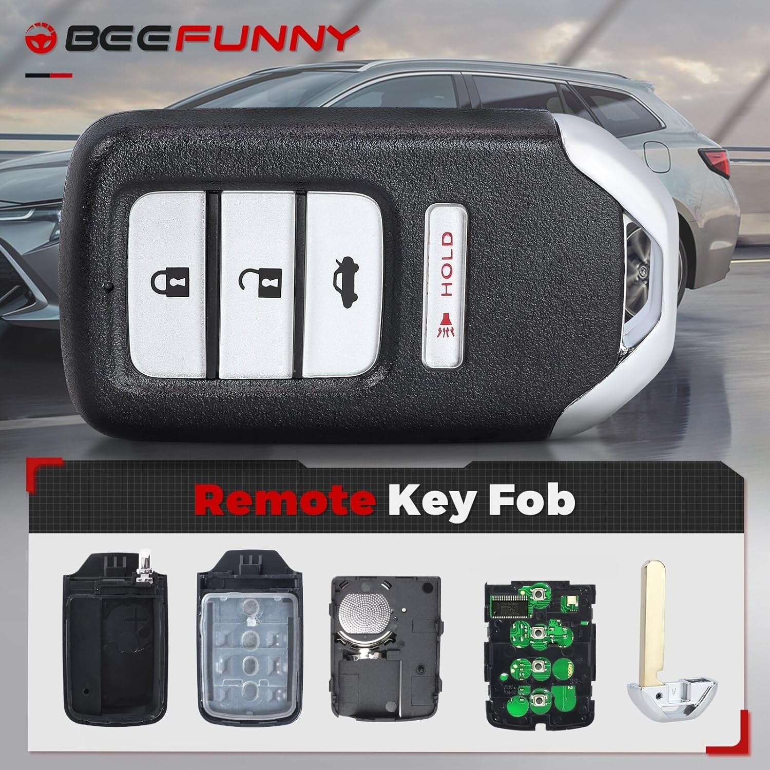 New, Beefunny Replacement Remote Keyless Entry Key Fob for Honda Accord LX Sport 20SPT 2018 2019 2020 2021 2022 FCC ID:CWTWB1G0090 PN: 72147-TVA-A11 4Buttons 433.92MHz FSK 4A Chip (with chip)