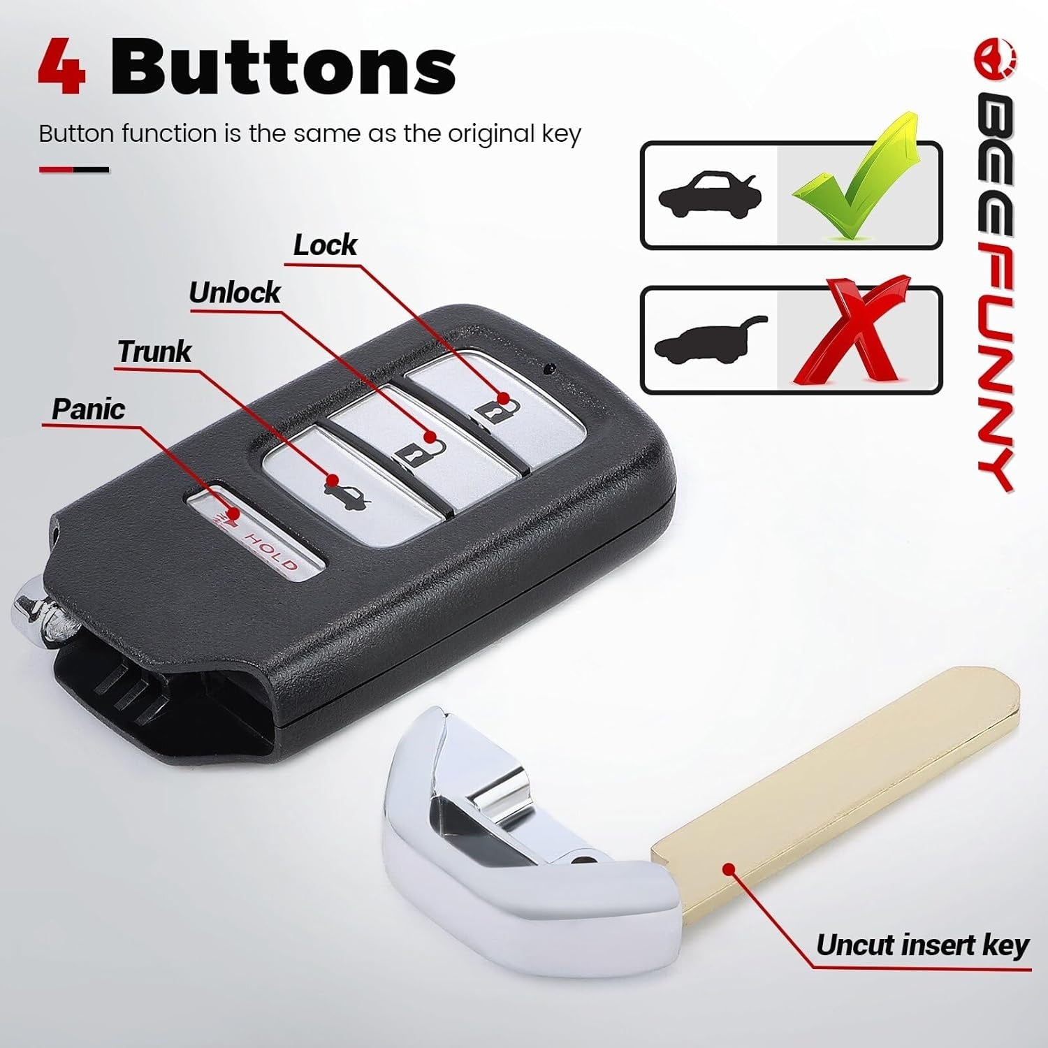 New, Beefunny Replacement Remote Keyless Entry Key Fob for Honda Accord LX Sport 20SPT 2018 2019 2020 2021 2022 FCC ID:CWTWB1G0090 PN: 72147-TVA-A11 4Buttons 433.92MHz FSK 4A Chip (with chip)