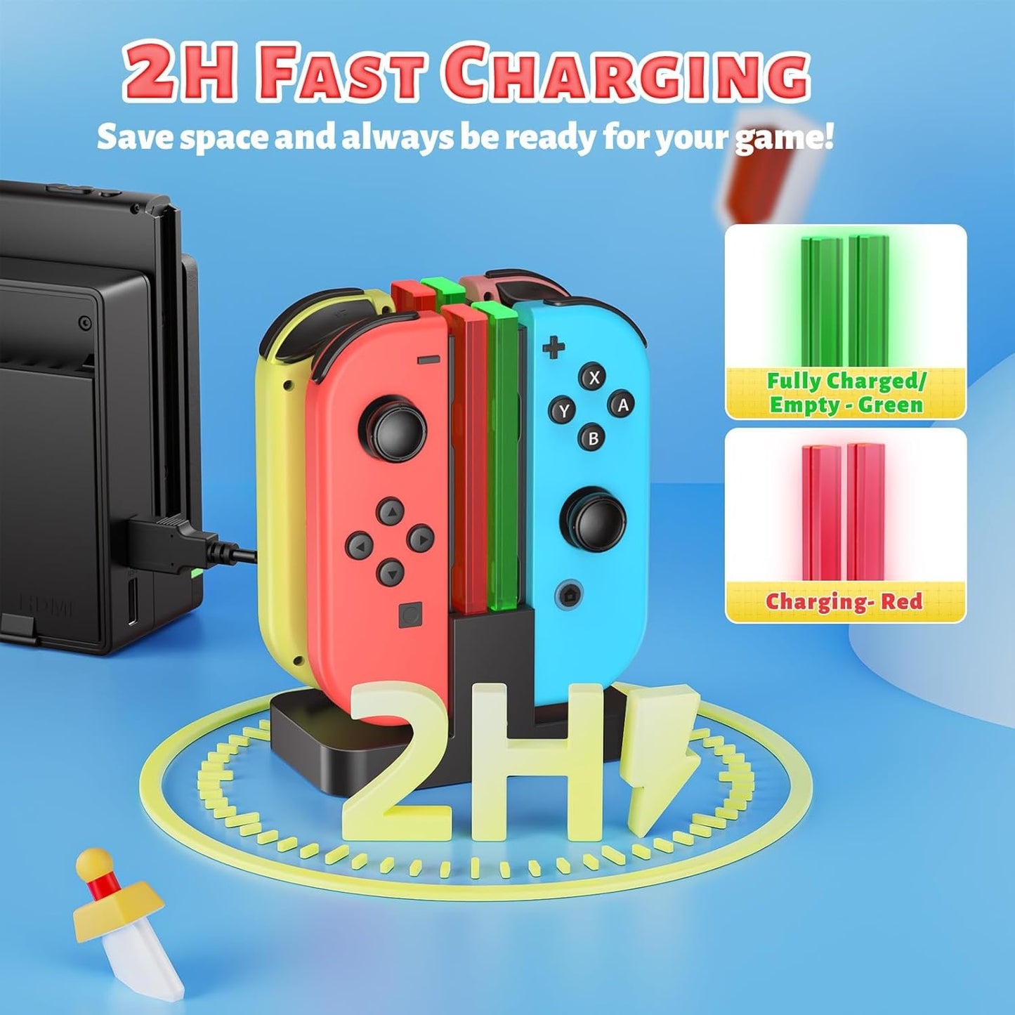 New, FastSnail Charging Dock Compatible with Nintendo Switch for Joy Con & OLED Model Controller with Lamppost LED Indication, Charger Stand Station with Charging Cable
