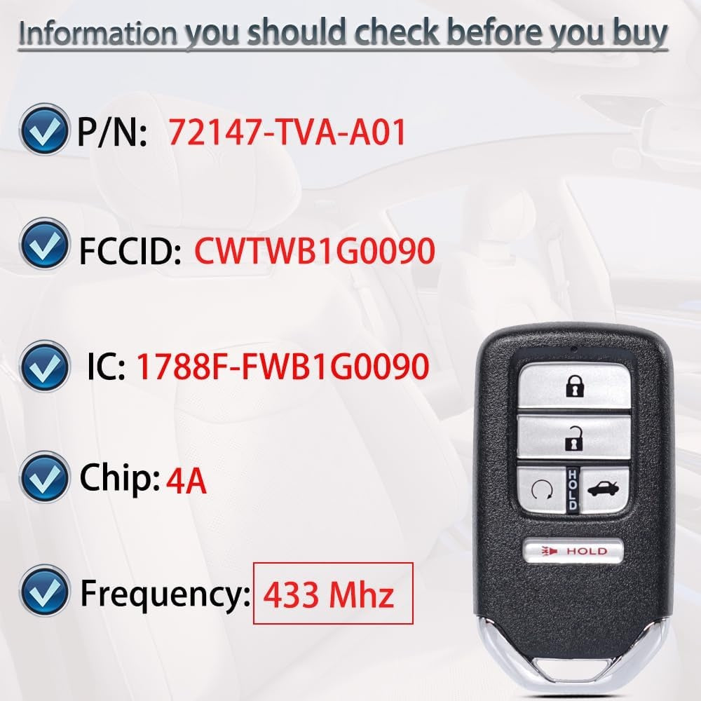 New, Smart Key Fob Keyless Entry Fits for Honda Accord 2018-2022 (FCC ID:CWTWB1G0090 P/N:72147-TVA-A01) Remote Control Key Replacement 5 Button