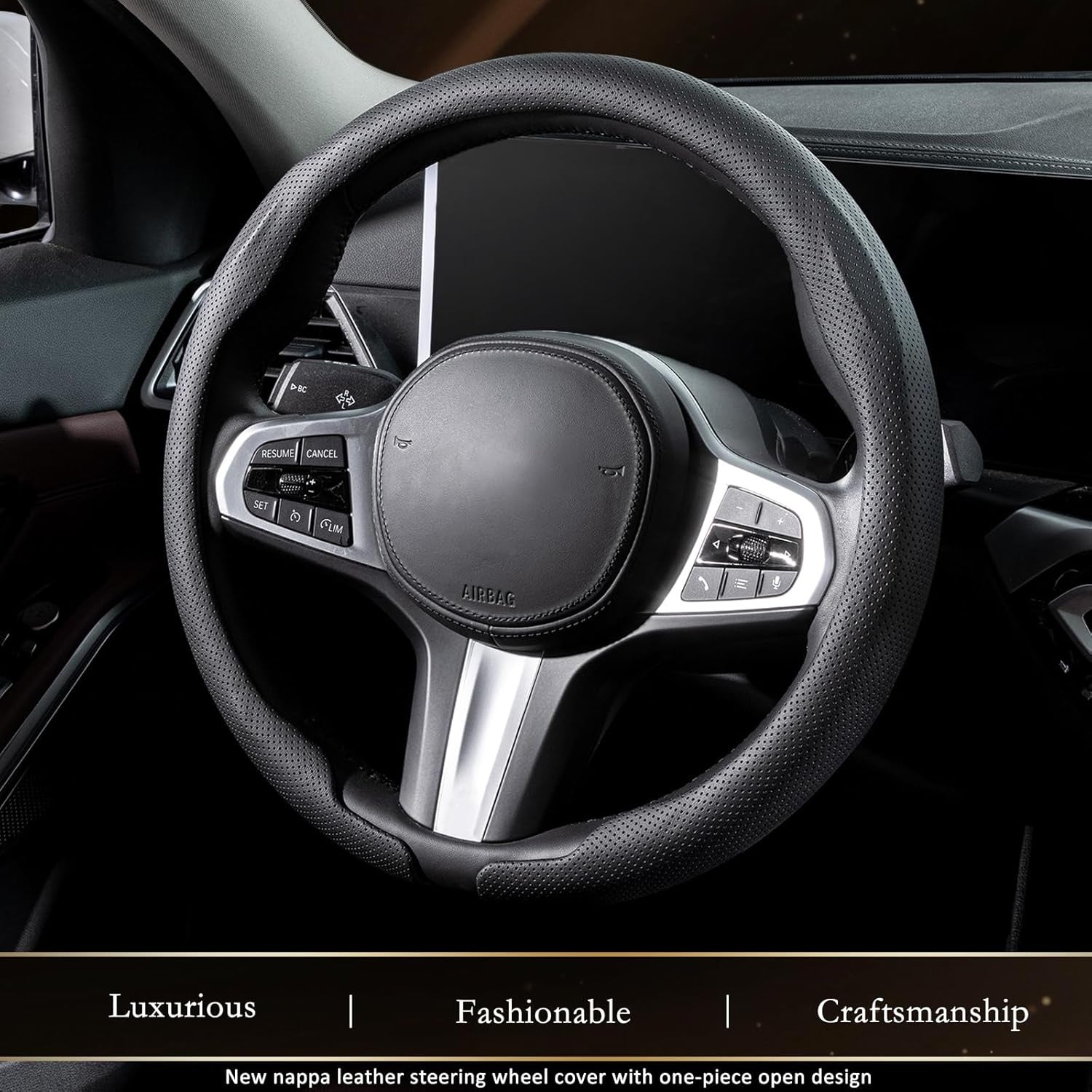 New, Aimato Nappa Leather Steering Wheel Cover, Ultra-Thin Car Steering Wheel Cover,Comfortable & Breathable Microfiber,Universal Fit for Most Cars, Black