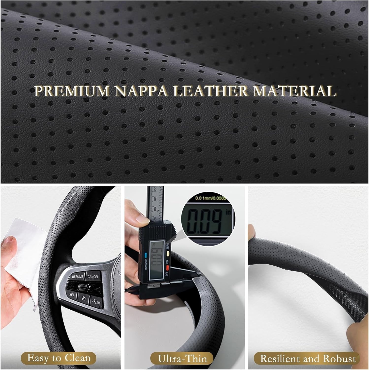 New, Aimato Nappa Leather Steering Wheel Cover, Ultra-Thin Car Steering Wheel Cover,Comfortable & Breathable Microfiber,Universal Fit for Most Cars, Black