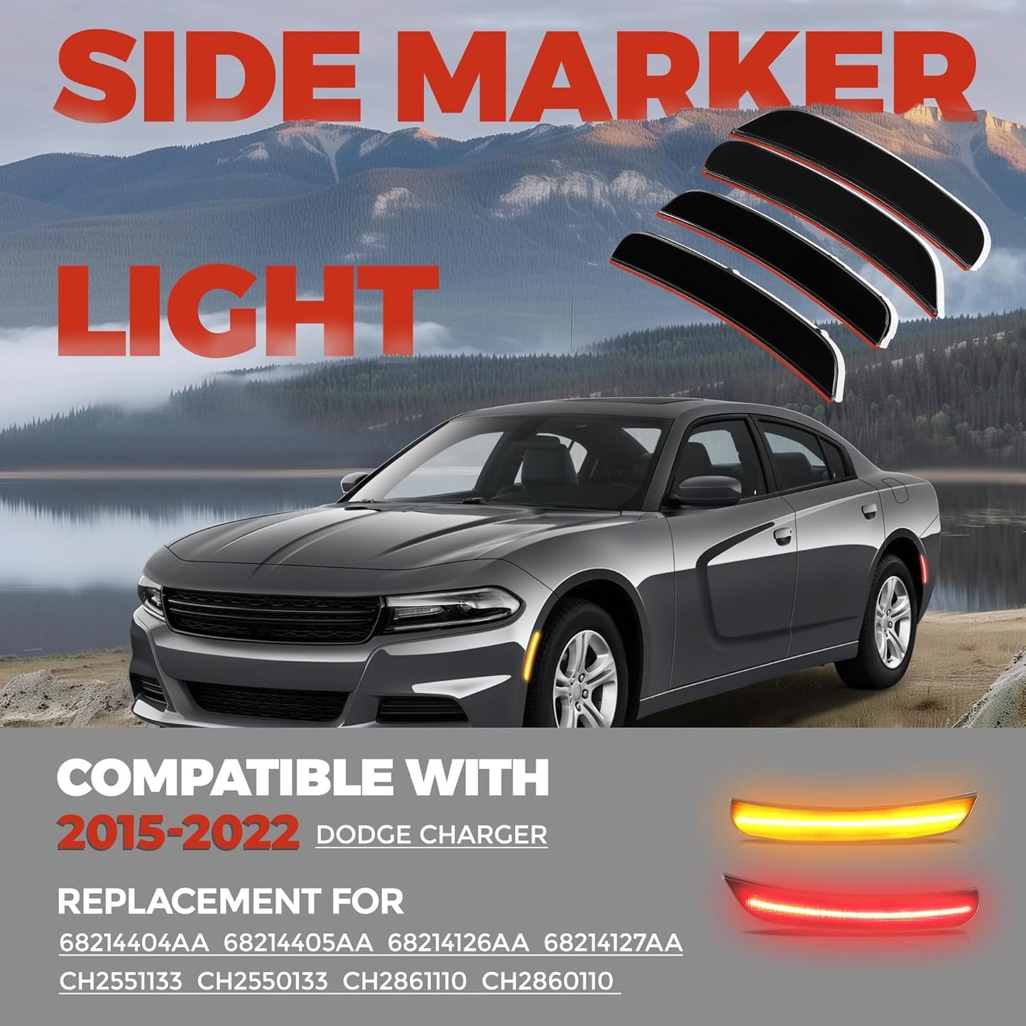 New, HECASA Side Marker Light Compatible with 2015-2022 Dodge Charger LED Side Marker Lamps Reflectors Front Rear Red Yellow Smoke Lens Replacement for 68214404AA 68214405AA 68214126AA 68214127AA 4Pcs
