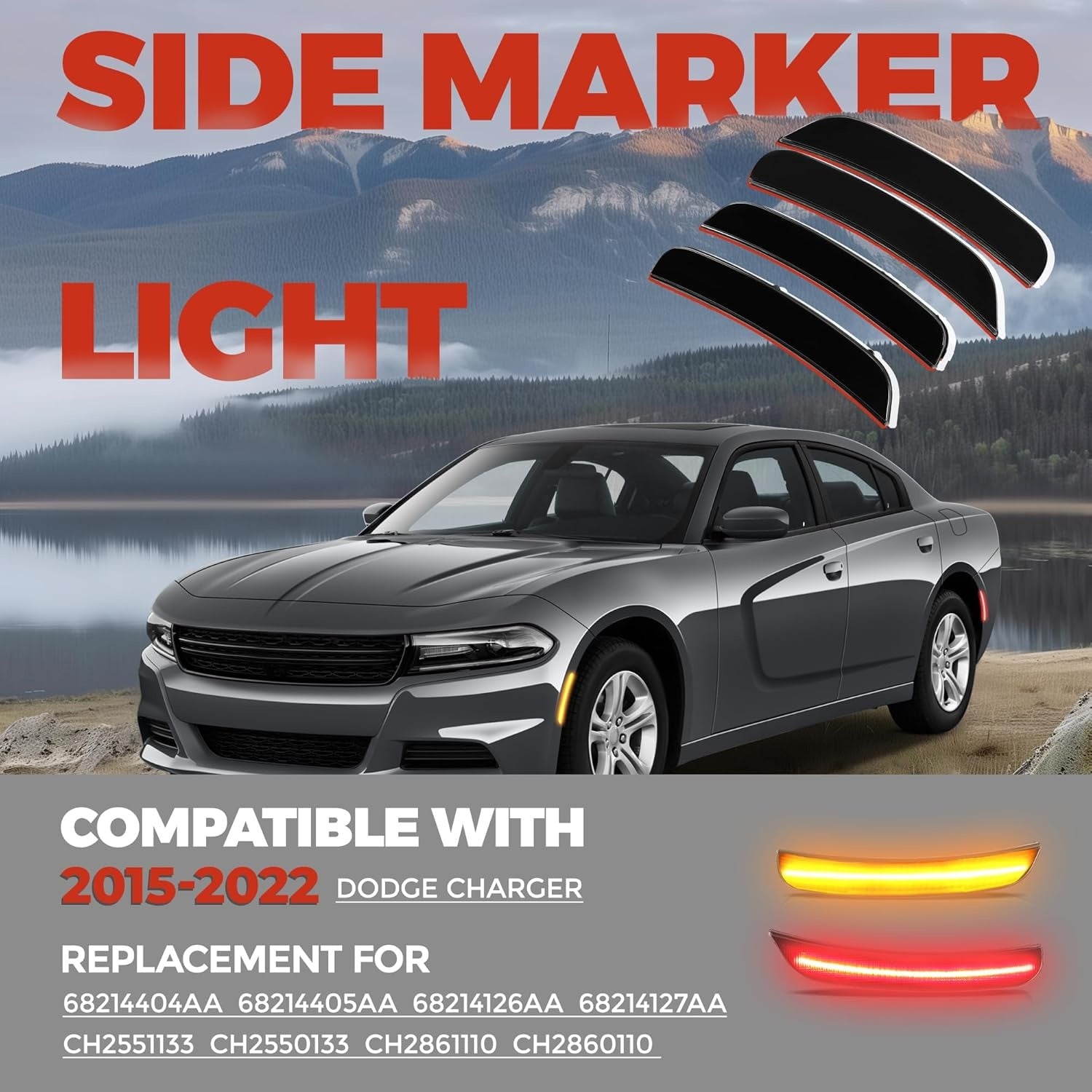 New, HECASA Side Marker Light Compatible with 2015-2022 Dodge Charger LED Side Marker Lamps Reflectors Front Rear Red Yellow Smoke Lens Replacement for 68214404AA 68214405AA 68214126AA 68214127AA 4Pcs