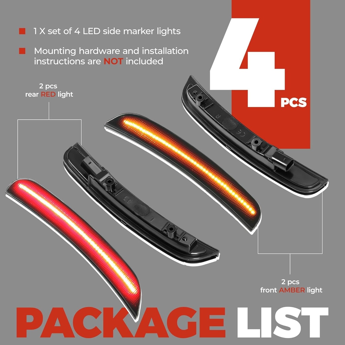 New, HECASA Side Marker Light Compatible with 2015-2022 Dodge Charger LED Side Marker Lamps Reflectors Front Rear Red Yellow Smoke Lens Replacement for 68214404AA 68214405AA 68214126AA 68214127AA 4Pcs