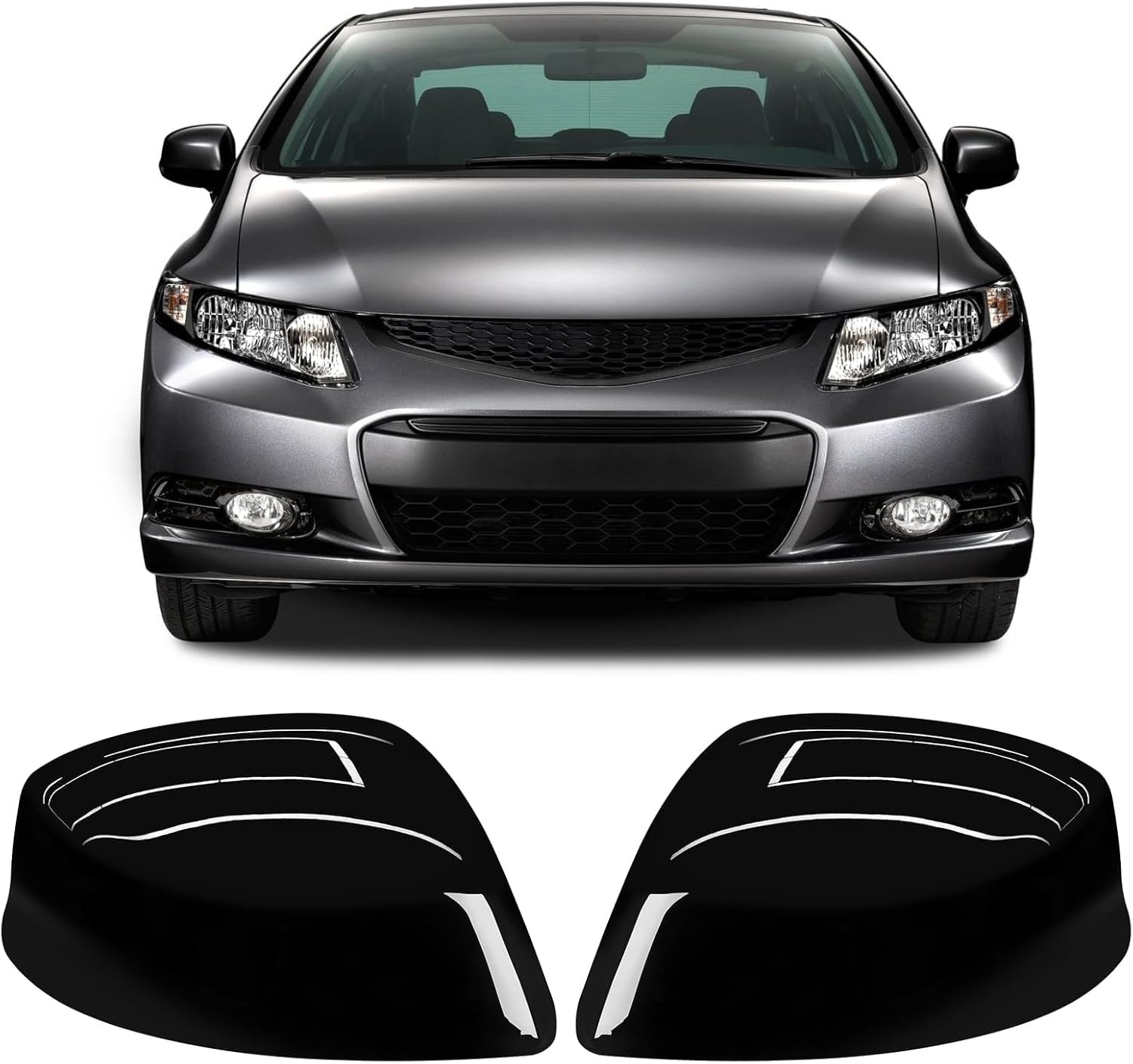 New, Moonlinks Compatible with 2012-2015 Honda Civic Side Mirror Cover Replacement,Glossy Black LH & RH Side Door Rearview Mirror Cap for 9th Gen Civic(1 Pair