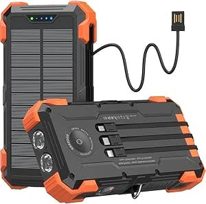 GOODaaa Solar Power Bank, 42800mAh Portable Charger 20W Fast Charging External Battery Pack Built in 4 Cables, Wireless Charging Power Bank for Apple Watches with Flashlight, Carabiner,Thermometer, Pre-Owned (has stripped wire)