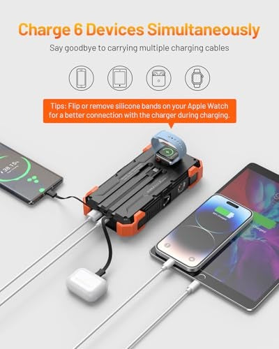 GOODaaa Solar Power Bank, 42800mAh Portable Charger 20W Fast Charging External Battery Pack Built in 4 Cables, Wireless Charging Power Bank for Apple Watches with Flashlight, Carabiner,Thermometer, Pre-Owned (has stripped wire)