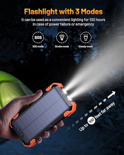 GOODaaa Solar Power Bank, 42800mAh Portable Charger 20W Fast Charging External Battery Pack Built in 4 Cables, Wireless Charging Power Bank for Apple Watches with Flashlight, Carabiner,Thermometer, Pre-Owned (has stripped wire)