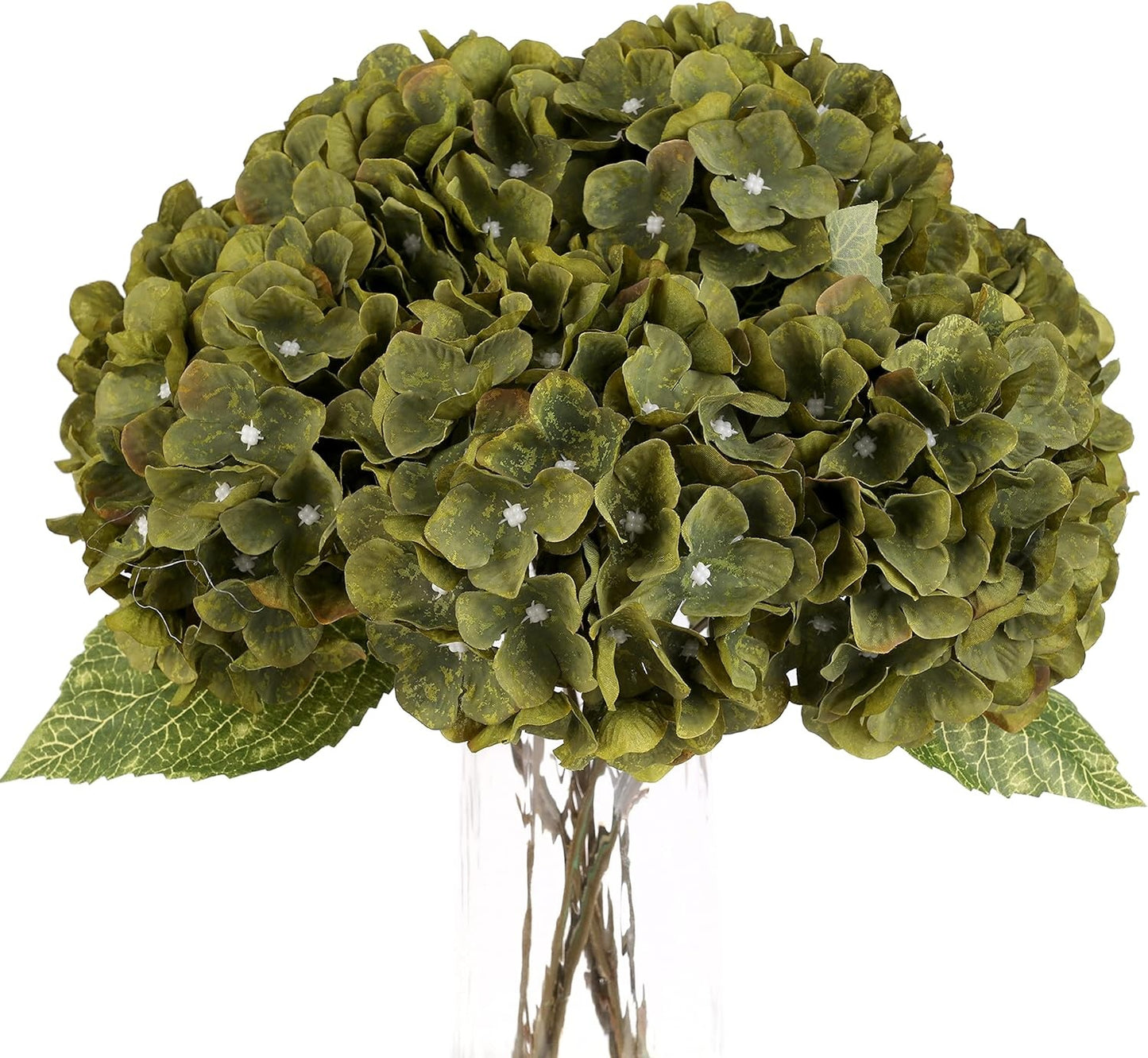 New, Artificial Flowers Silk Hydrangea Flowers with 5 Heads Fake Flower Bunch Bouquet for Home Wedding Party Decor DIY (Dark Green,5 Flower Heads)