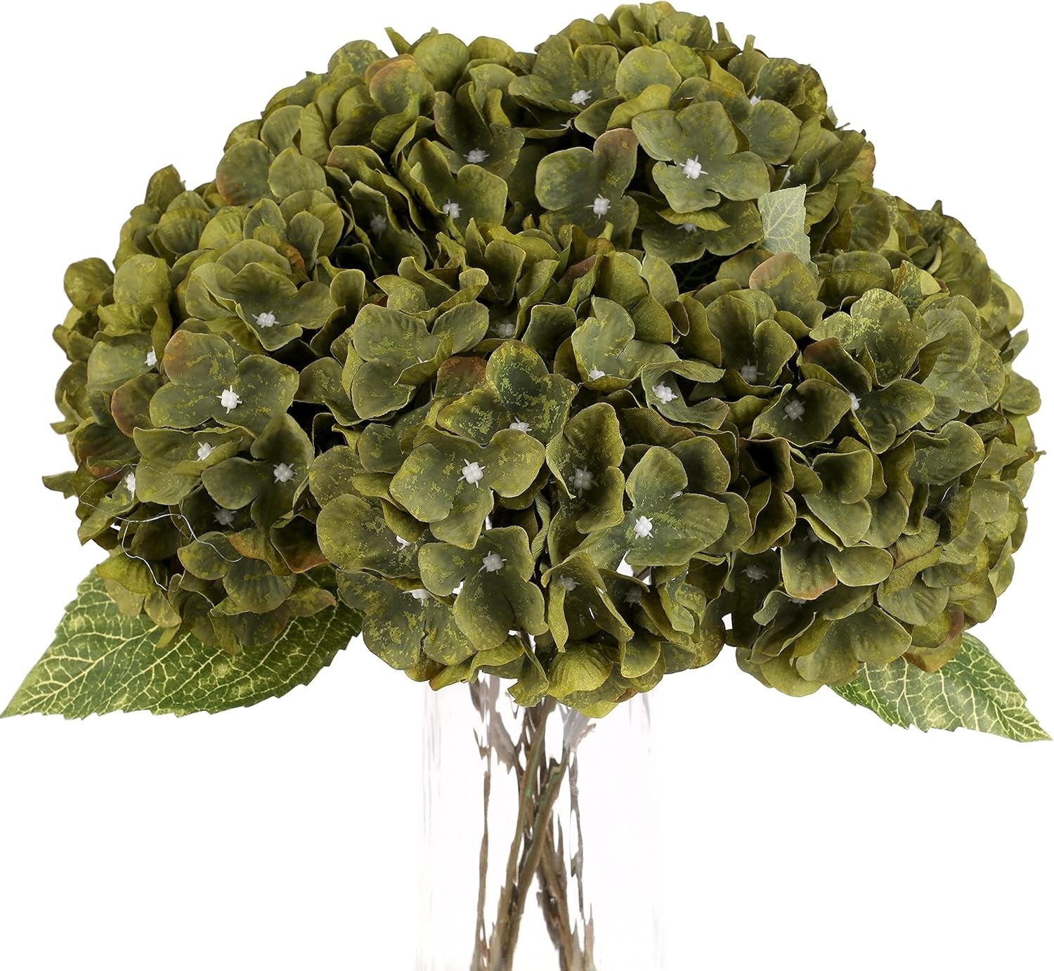 New, Artificial Flowers Silk Hydrangea Flowers with 5 Heads Fake Flower Bunch Bouquet for Home Wedding Party Decor DIY (Dark Green,5 Flower Heads)