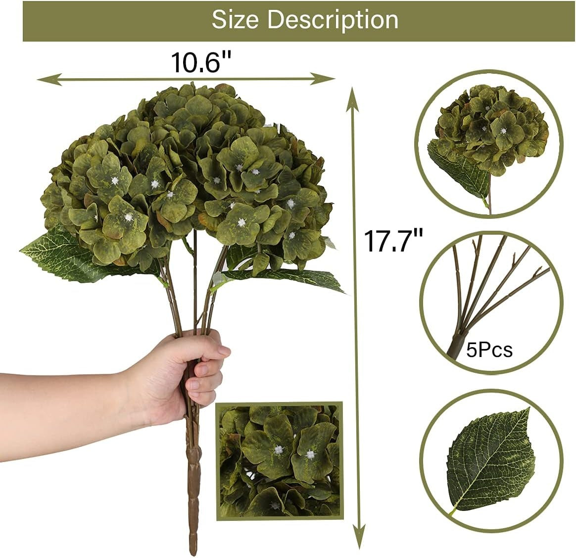 New, Artificial Flowers Silk Hydrangea Flowers with 5 Heads Fake Flower Bunch Bouquet for Home Wedding Party Decor DIY (Dark Green,5 Flower Heads)