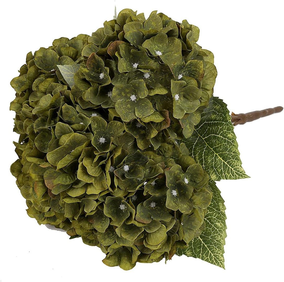 New, Artificial Flowers Silk Hydrangea Flowers with 5 Heads Fake Flower Bunch Bouquet for Home Wedding Party Decor DIY (Dark Green,5 Flower Heads)