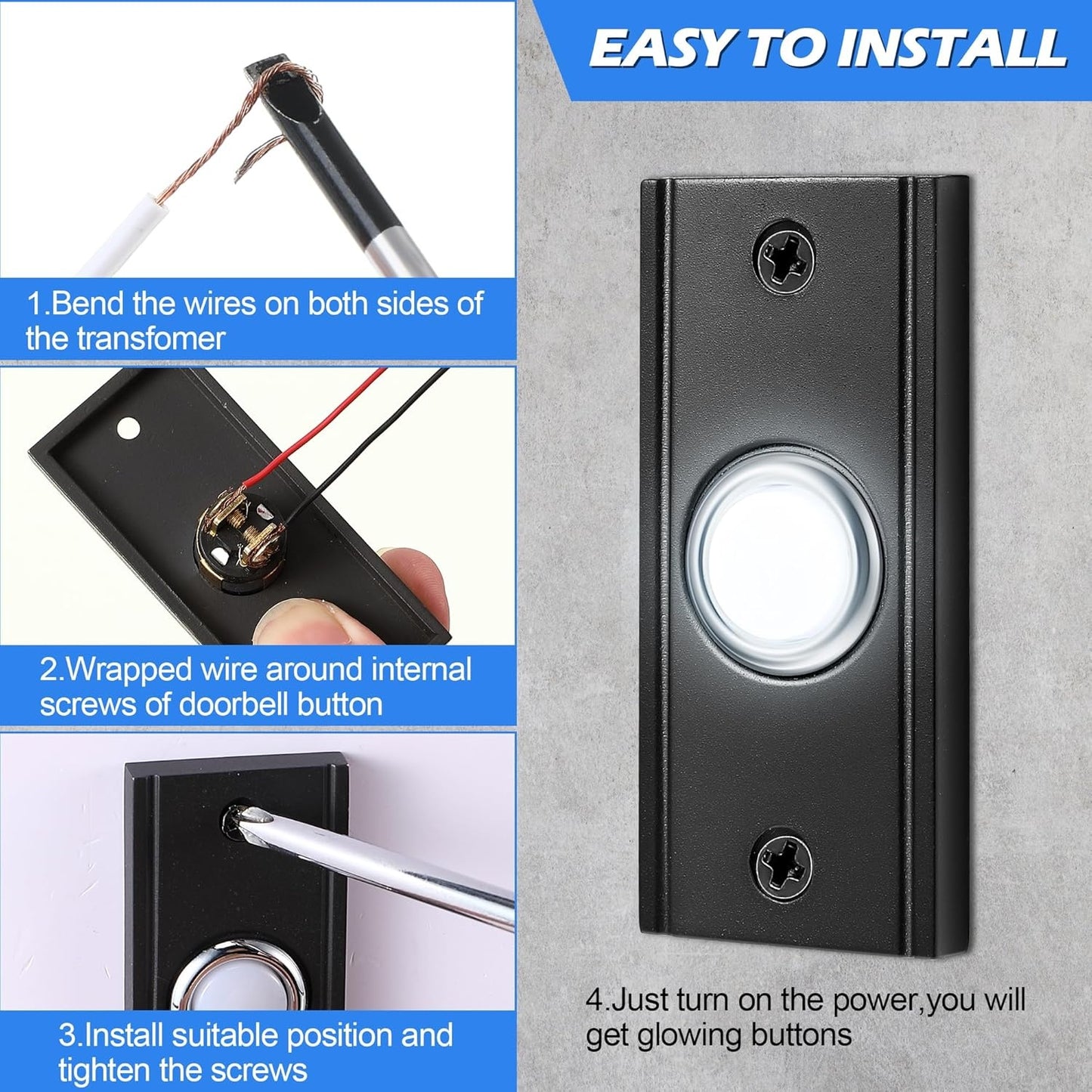 New, Dreyoo Lighted Metal Doorbell Push Button, Vintage Doorbell Push LED Buttons Replacement Most Chimes, Wall Mounted Door Bell Buttons Use in Home, Garage Door Opener Switch Property in Copyright(Black)