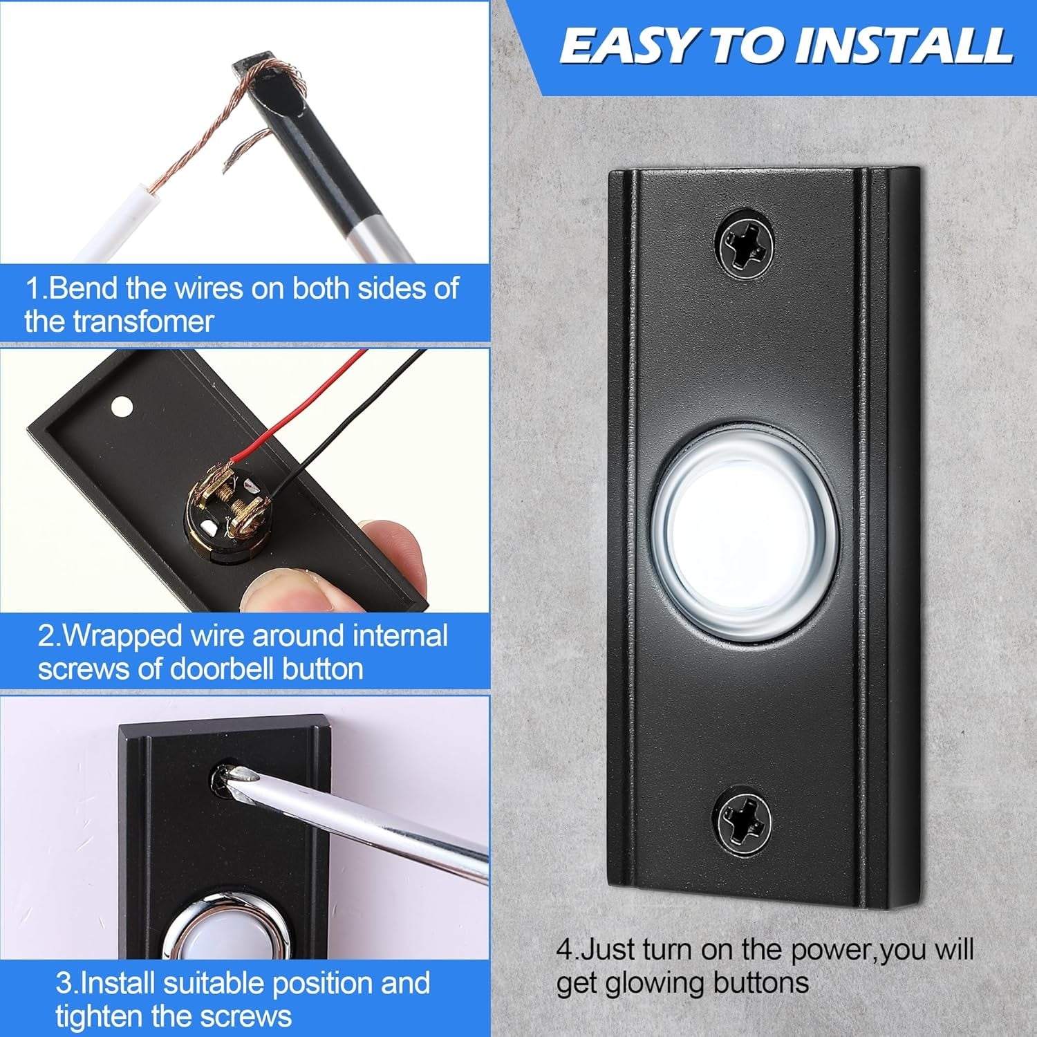 New, Dreyoo Lighted Metal Doorbell Push Button, Vintage Doorbell Push LED Buttons Replacement Most Chimes, Wall Mounted Door Bell Buttons Use in Home, Garage Door Opener Switch Property in Copyright(Black)
