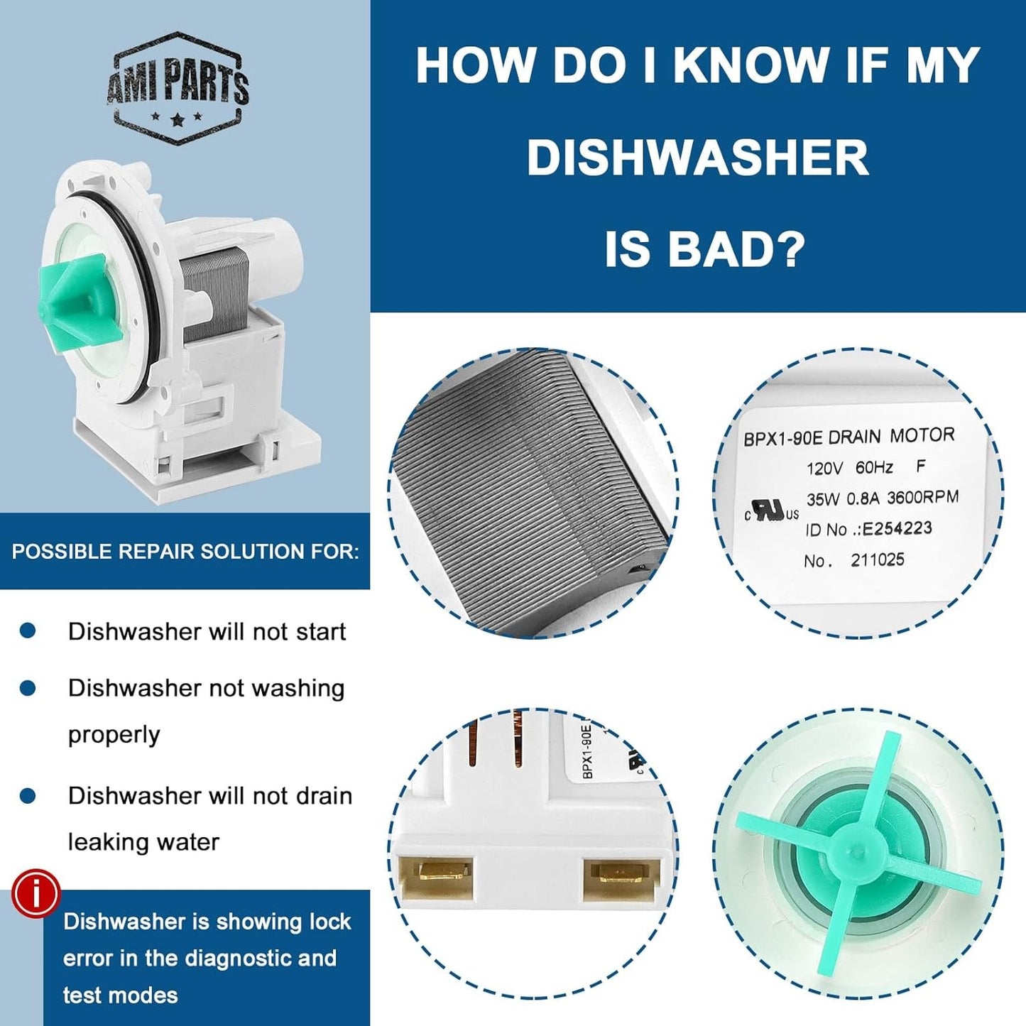 Open Box, NEW A00126401 bpx1-90e Drain Pump Assembly Fit for Frigidaire Ken-more Cro-sley Dishwasher by AMI PARTS Replaces AP5690431 5304492415 PS8689824 154736201