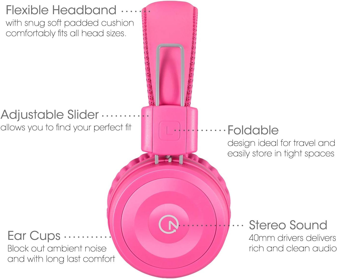 New, noot products Kids Headphones K22 Foldable Stereo Tangle-Free 5ft Long Cord 3.5mm Jack Plugin Wired On-Ear Headset for iPad/Amazon Kindle Fire/Girls/School/Laptop/Travel/Plane/Tablet FlamingoPink