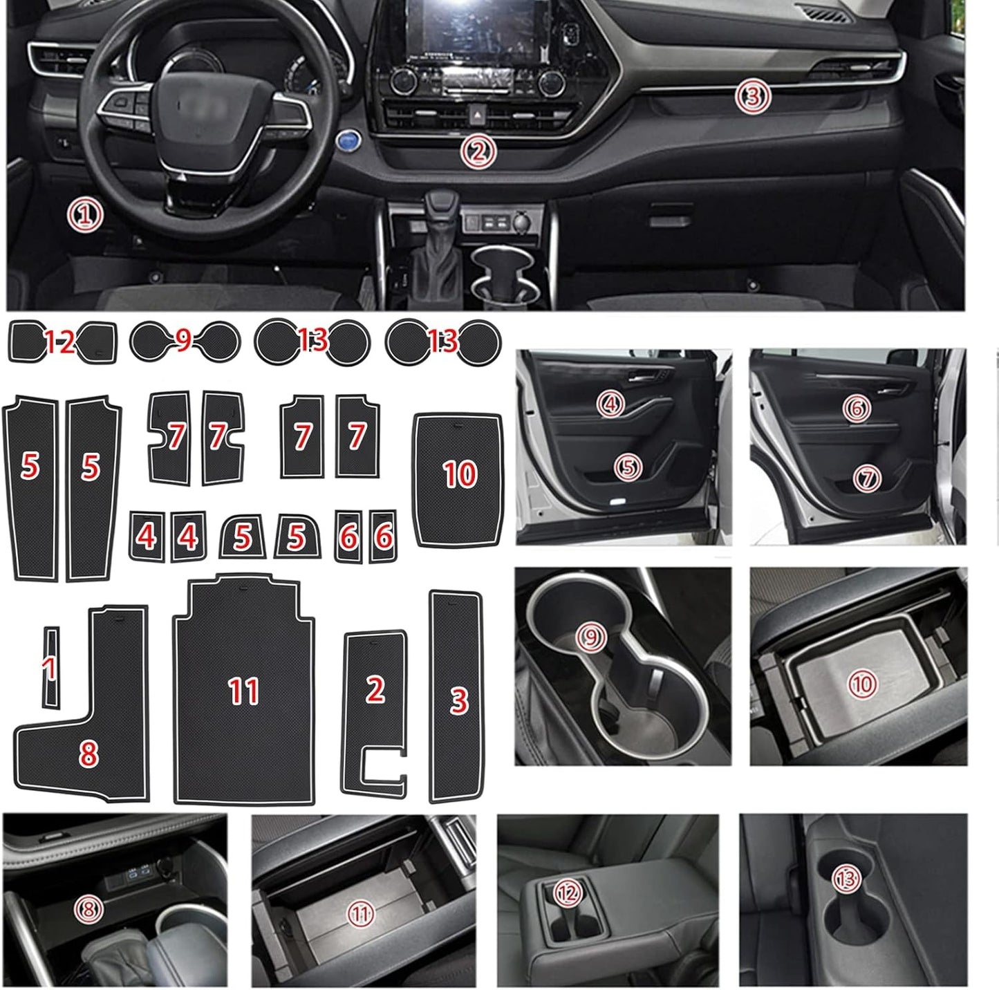 New, SENSHINE for Toyota Highlander Accessories 2025 2020-2024 Anti Dust Cup Holder Insert Center Console Shifter Trim Door Packet Mats Premium Custom Interior 22PC Set (White Trim, Glow in Dark)