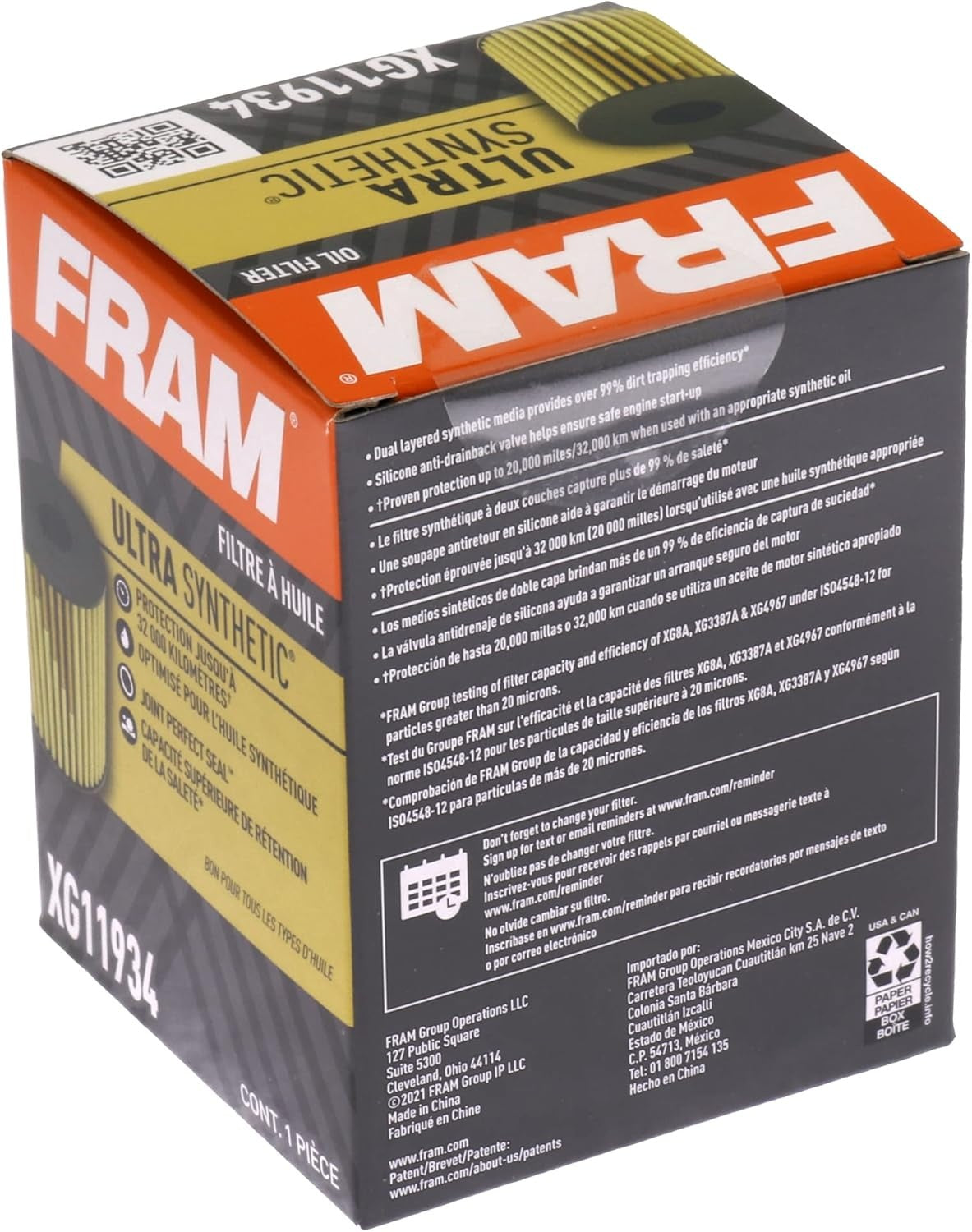 New, FRAM Ultra Synthetic XG11934 20K Mile Change Automotive Replacement Engine Oil Filter for Synthetic Oil Changes, Premium Vehicle Engine Protection Oil Filter for Select Vehicle Model Years