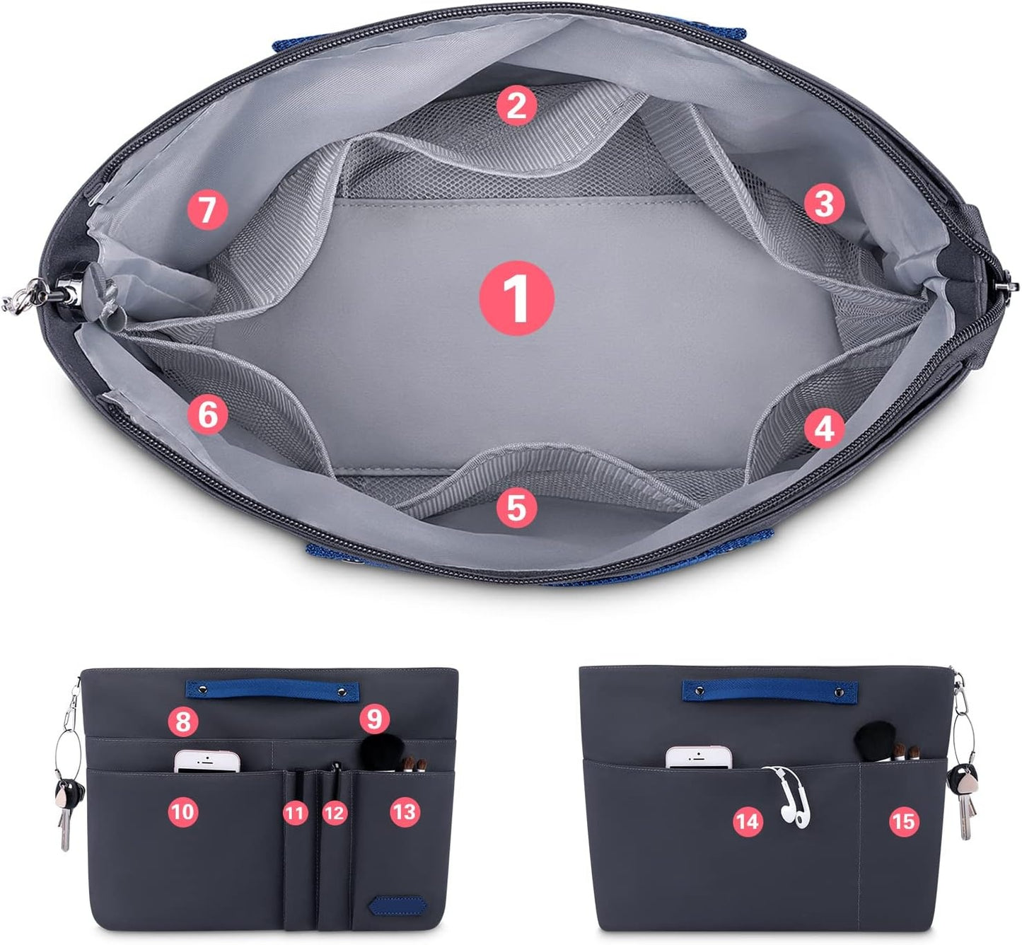 New, HyFanStr Purse Organizer Insert for Handbags,Tote Bag Organizer Insert Zipper Bag for Women, Handbag Organizer Inside Liner with 15 Pockets