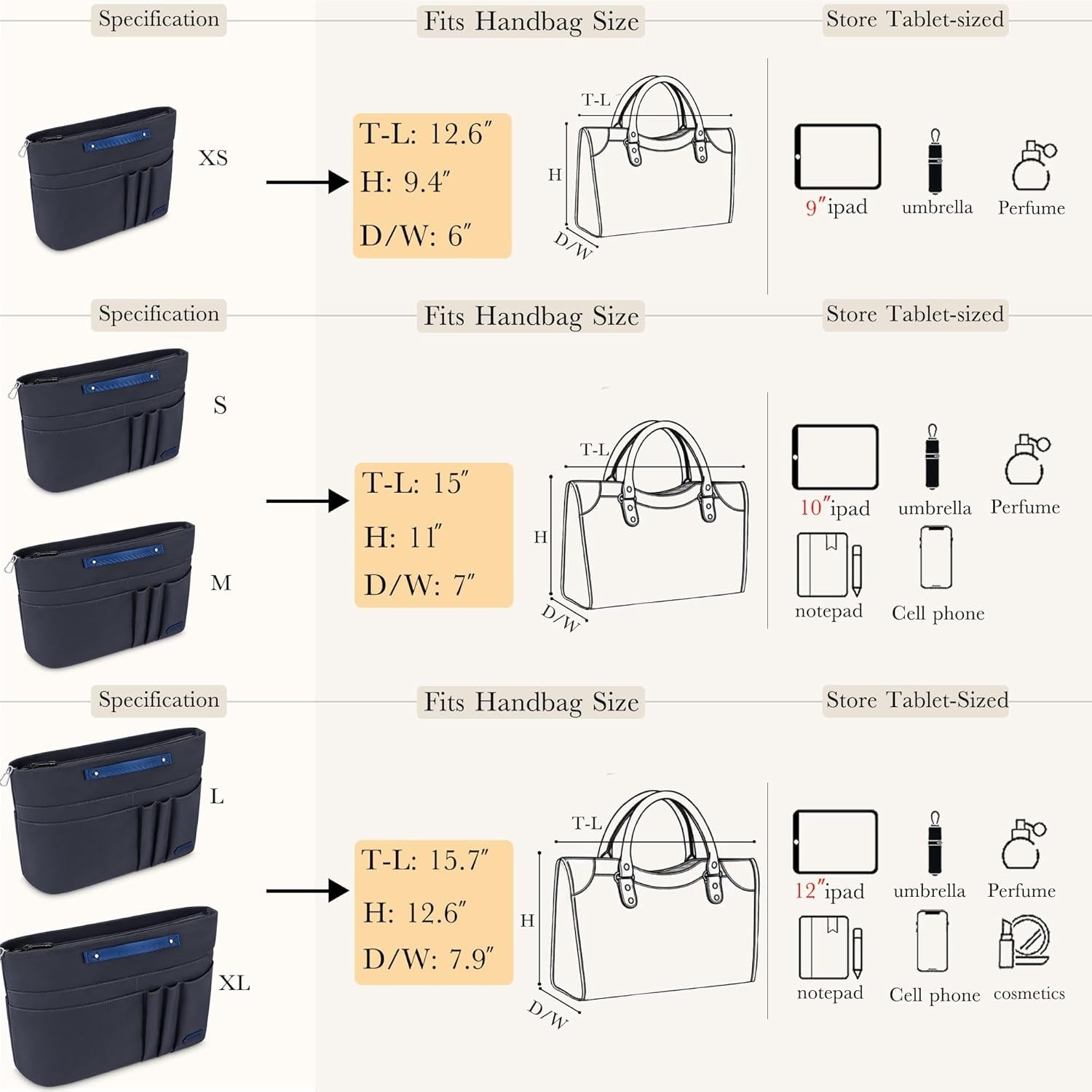 New, HyFanStr Purse Organizer Insert for Handbags,Tote Bag Organizer Insert Zipper Bag for Women, Handbag Organizer Inside Liner with 15 Pockets