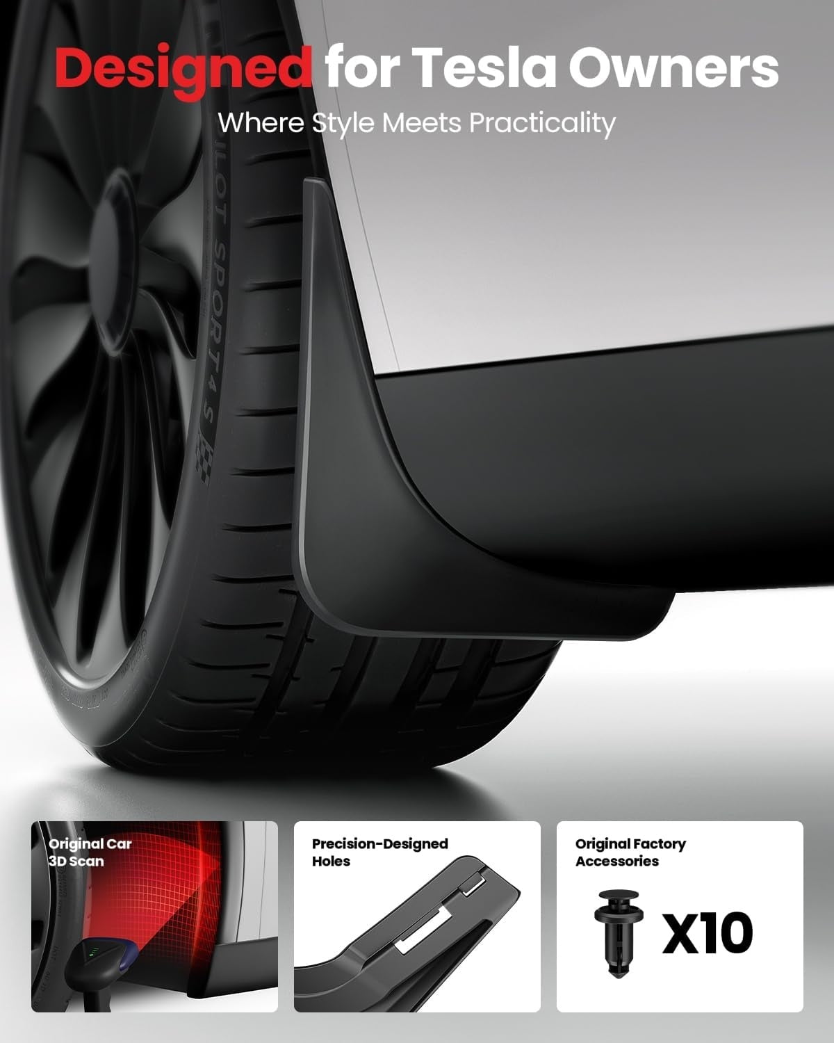 New, REEVAA 2025 Tesla Model Y Accessories - Mud Flaps [Protect Paint, No Drilling Required] All-Weather Mud Guard Body Kits for Model Y 2019-2024, Black (Set of 4)