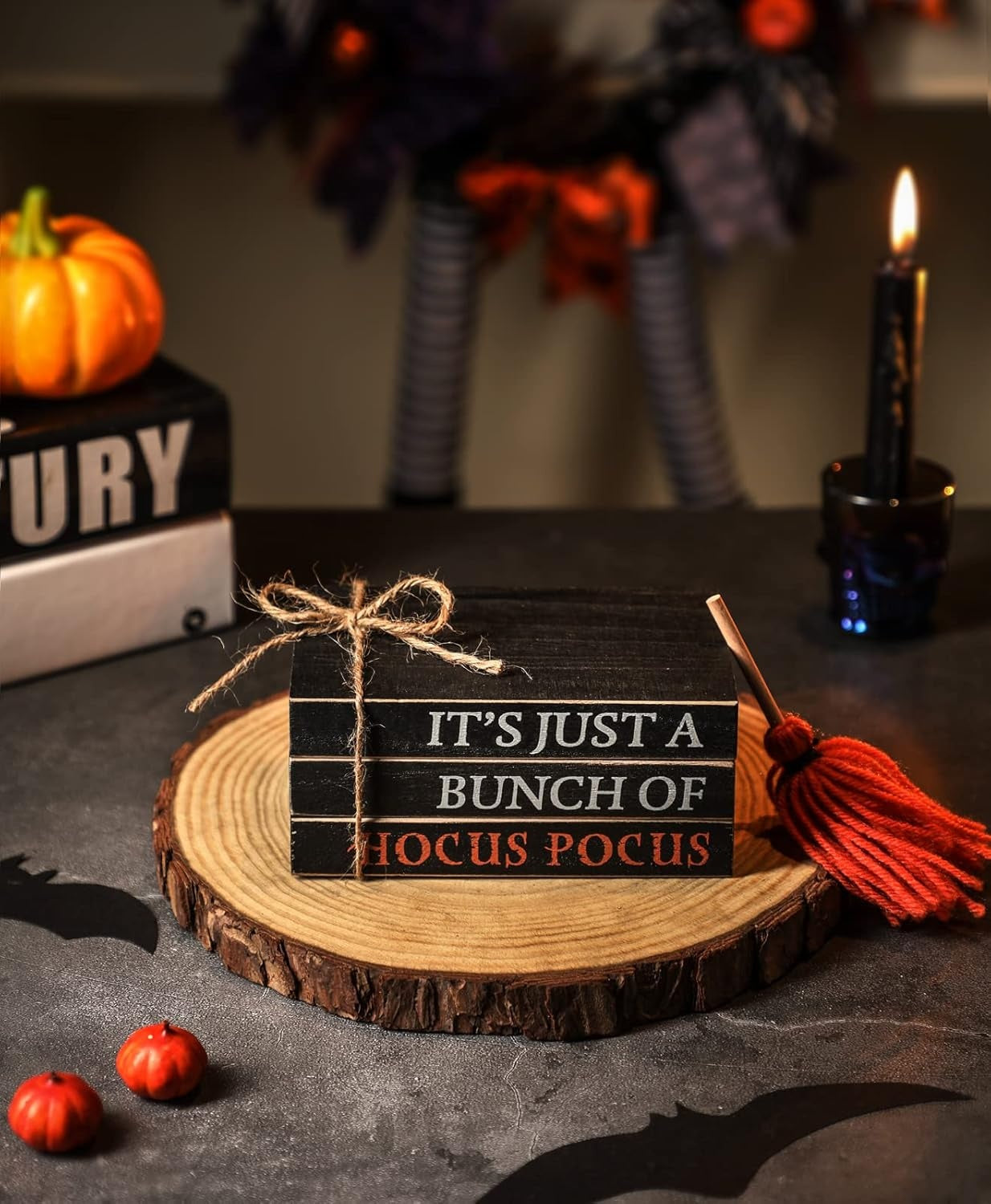 Open Box, Halloween Wood Book Stack, Hocus Pocus Mini Faux Books Bundle, Halloween Tiered Tray Decor for Home Table Mantle Shelf