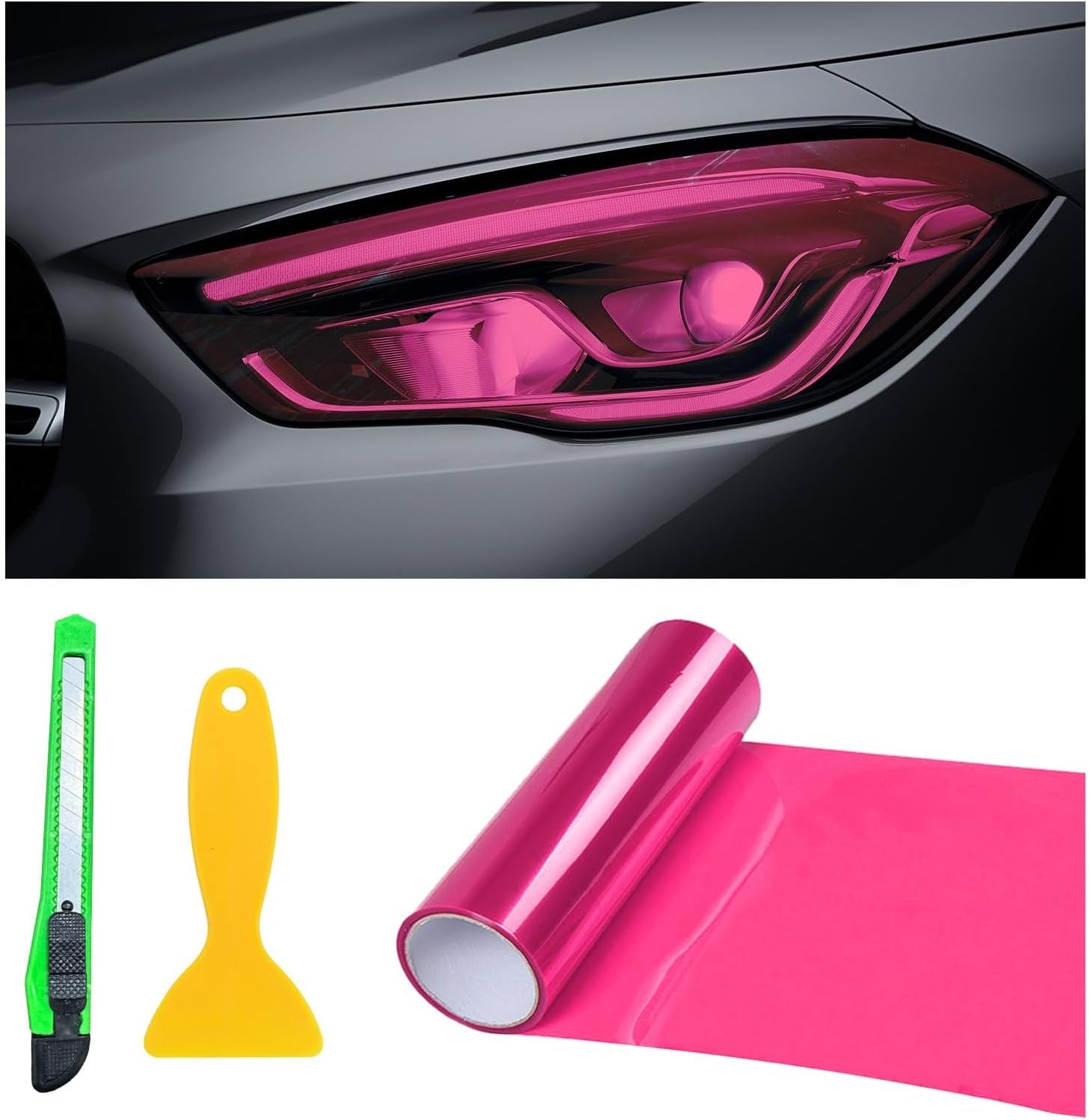 Open Box, 12 × 48 Inch Car Light Tint Film, Shiny Chameleon Headlights Tail Lights Fog Lights Films with Squeeze & Cutter, Self Adhesive Vinyl Film Sticker Sheet Roll Car Accessories (Pink)