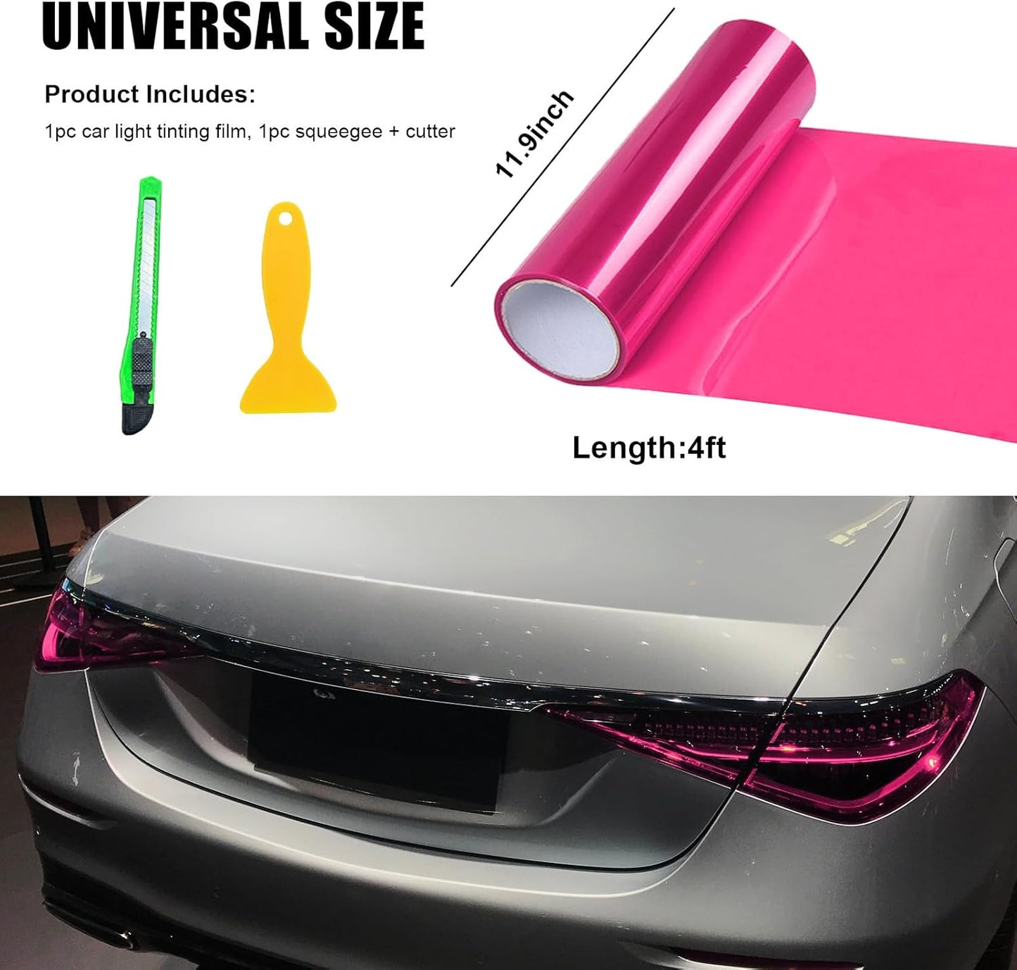 Open Box, 12 × 48 Inch Car Light Tint Film, Shiny Chameleon Headlights Tail Lights Fog Lights Films with Squeeze & Cutter, Self Adhesive Vinyl Film Sticker Sheet Roll Car Accessories (Pink)