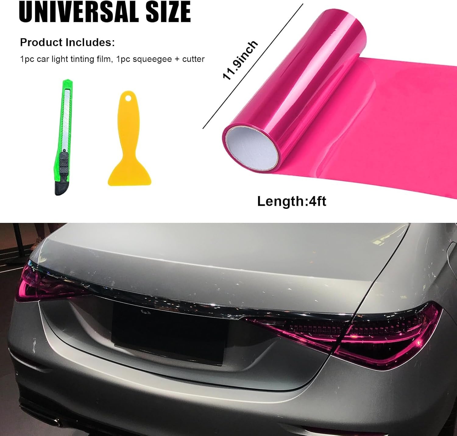 Open Box, 12 × 48 Inch Car Light Tint Film, Shiny Chameleon Headlights Tail Lights Fog Lights Films with Squeeze & Cutter, Self Adhesive Vinyl Film Sticker Sheet Roll Car Accessories (Pink)
