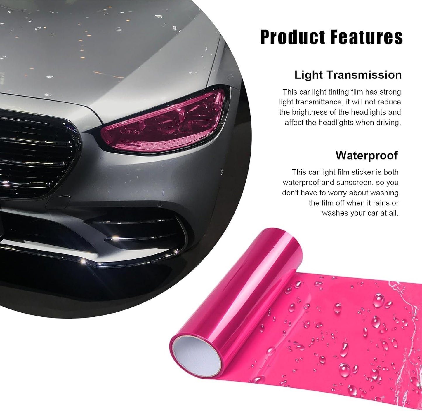 Open Box, 12 × 48 Inch Car Light Tint Film, Shiny Chameleon Headlights Tail Lights Fog Lights Films with Squeeze & Cutter, Self Adhesive Vinyl Film Sticker Sheet Roll Car Accessories (Pink)