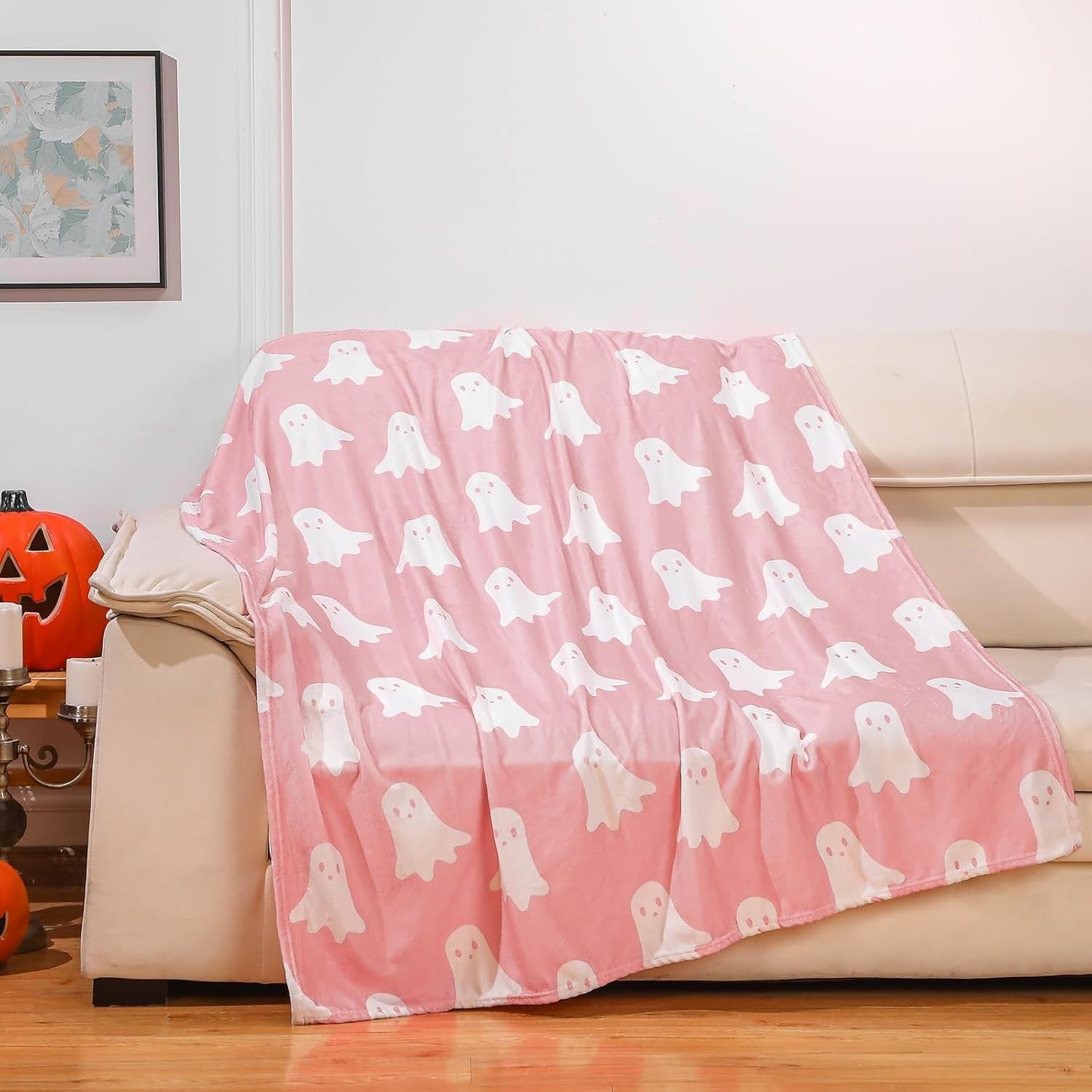 New, Buryeah Halloween Ghost Blanket Double Sided Ghost Fleece Throw Blanket 50 x 60 Inches Lightweight Cozy Soft Warm Blanket for Home, Camping, and Halloween (Pink)