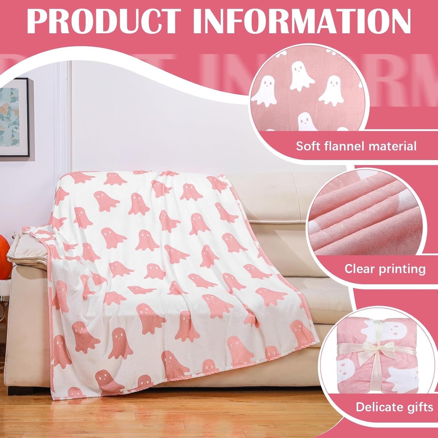 New, Buryeah Halloween Ghost Blanket Double Sided Ghost Fleece Throw Blanket 50 x 60 Inches Lightweight Cozy Soft Warm Blanket for Home, Camping, and Halloween (Pink)