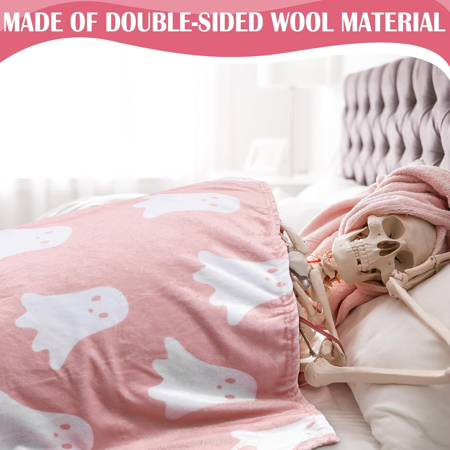 New, Buryeah Halloween Ghost Blanket Double Sided Ghost Fleece Throw Blanket 50 x 60 Inches Lightweight Cozy Soft Warm Blanket for Home, Camping, and Halloween (Pink)