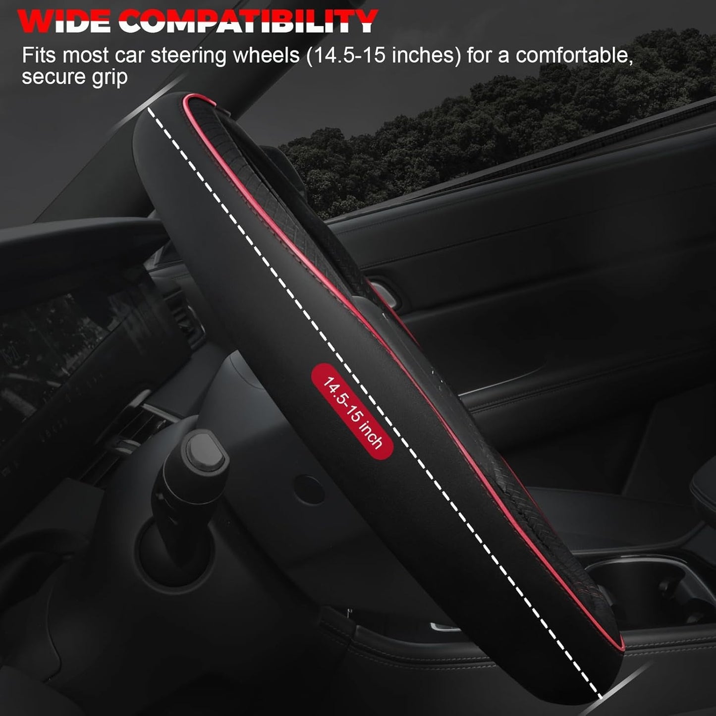 New, Ouzorp Car Steering Wheel Cover, Microfiber Leather Steering Wheel Covers with Anti-Slip Lining, Universal 14.5-15 inchs Black with Red line