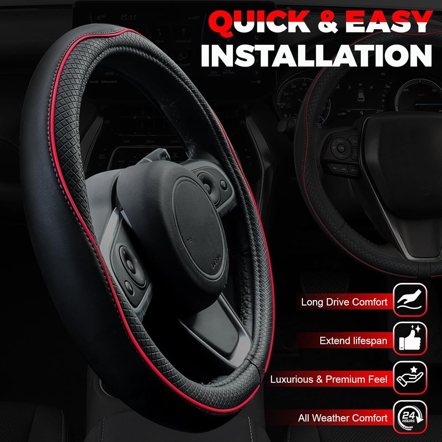 New, Ouzorp Car Steering Wheel Cover, Microfiber Leather Steering Wheel Covers with Anti-Slip Lining, Universal 14.5-15 inchs Black with Red line